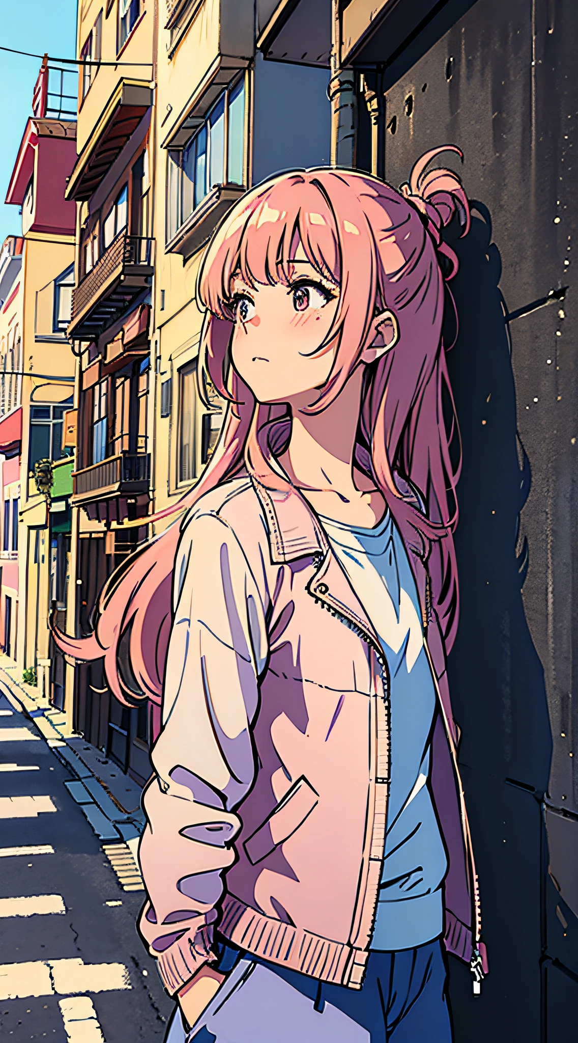 (beautiful and clear background),(street,wall,corner,),1girl, ,fashion,,hand in pocket ,,blush,pose,floating hair,looking to the side,, dutch angle,