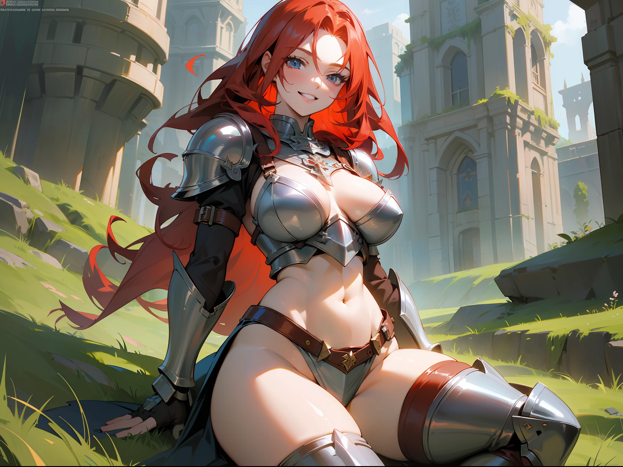 masterpiece, best quality, mature woman, strong, long red hair, light eyes, smile showing teeth, berserker, light leather armor, beautiful breasts, exposed thighs, exposed navel, boots, fantasy, medieval, outdoor, dungeon background, dynamic pose, beautiful detailed glow.