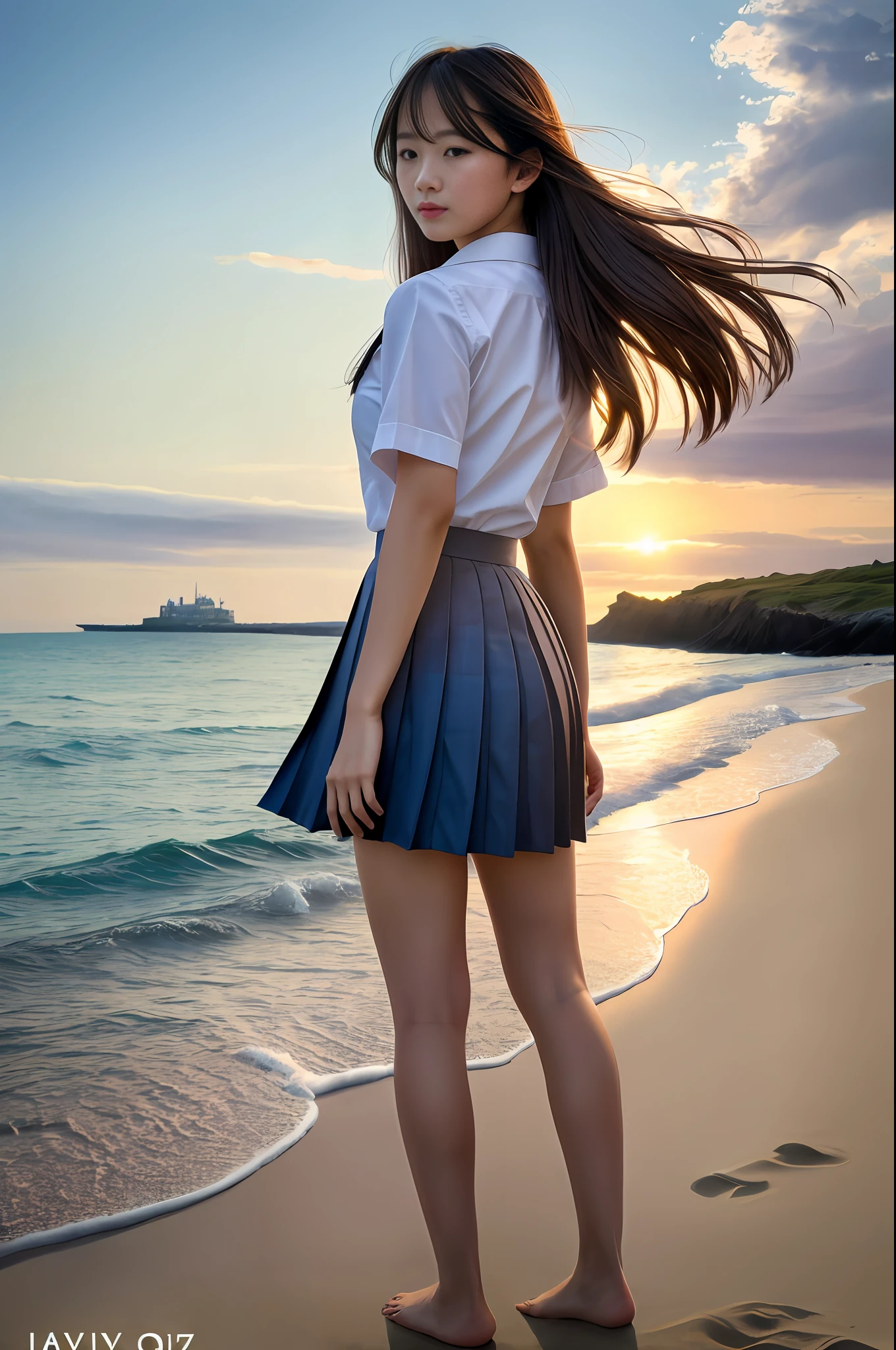 best quality, realistic, award-winning illustration, (intricate details:1.2), (delicate detailed), (intricate details), (cinematic light, best quality Backlights), clear line, sharp focus, official art, unity 8k wallpaper, absurdres, incredibly absurdres, huge filesize, ultra-detailed, highres, extremely detailed, extremely delicate and beautiful,(masterpiece,best quality:1.2),(highres:1.1),(Highest picture quality),(master's work),facing viewer,dynamic angle,1girl, solo, school uniform, short pleated skirt, seaside, sand beach, looking back, from behind, shy face, embarrassed, wind, adjusting hair, barefoot, day, sea horizon, cloud,
