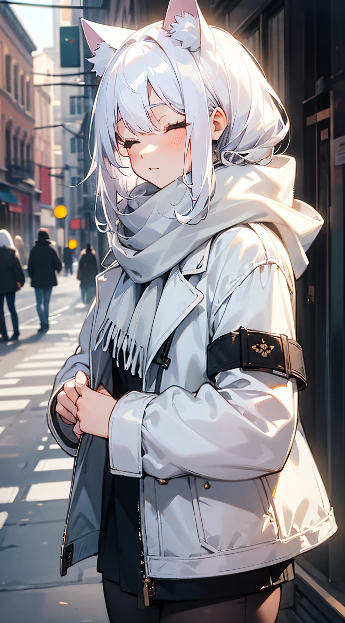 masterpiece, best quality, 1girl, white hair, medium hair, cat ears, closed eyes, looking at viewer, :3, cute, scarf, jacket, outdoors, streets,