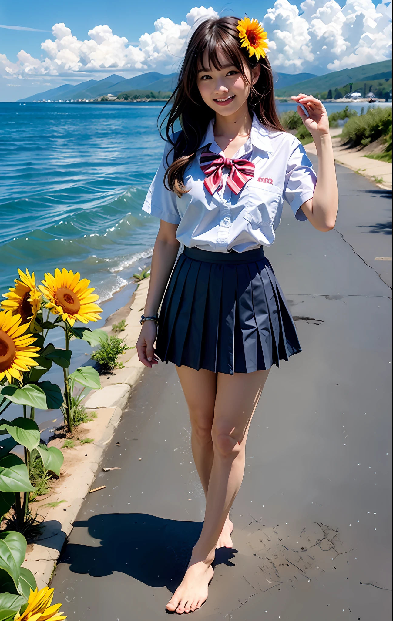 1girl, :d, air_bubble, arm_up, bangs, bare_legs, barefoot, beach, blue_skirt, blue_sky, blush, boat, bow, bowtie, breast_pocket, breasts, brown_eyes, brown_hair, bubble, caustics, cloud, cloudy_sky, collarbone, collared_shirt, day, dress_shirt, eyebrows_visible_through_hair, feet, floating_hair, flower, hair_flower, hair_ornament, hairclip, hand_up, holding, holding_flower, horizon, island, lake, leg_up, long_hair, looking_at_viewer, medium_breasts, mountain, mountainous_horizon, ocean, open_mouth, orange_flower, outdoors, pink_flower, pleated_skirt, pool, poolside, red_bow, red_bowtie, red_flower, river, sand, school_uniform, shallow_water, shirt, shore, short_sleeves, skirt, skirt_hold, sky, smile, solo, splashing, standing, standing_on_one_leg, striped, striped_bow, striped_bowtie, sunflower, sunflower_hair_ornament, sunlight, swimsuit, teeth, thighs, wading, walking_on_liquid, water, water_drop, watercraft, waves, white_flower, white_shirt, yellow_flower