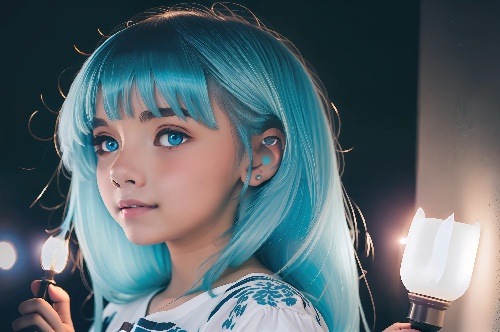 Medium blue haired girl in village lit up at night