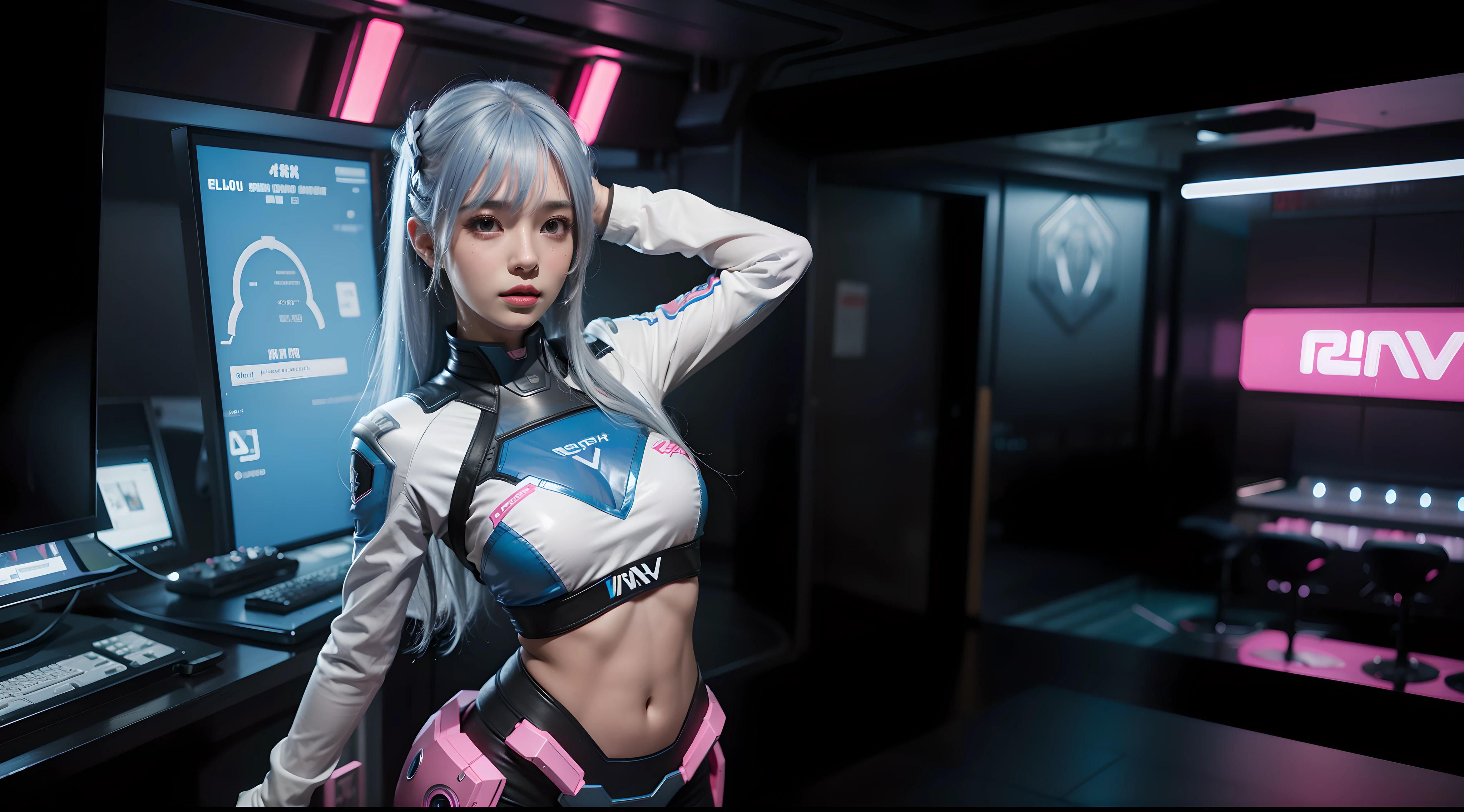 D.va, blue and pink tights, mech pilot, silver hair, sexy, overwatch, standing alone in a nightclub, dynamic pose, (best quality, 8k, masterpiece: 1.3))), clear focus: 1.2, (layer cut, large: 1.2), beauty and perfect figure: 1.4, slim abs: 1.2, wet: 1.5, highly detailed face and skin texture, detailed eyes, double eyelids, long hair