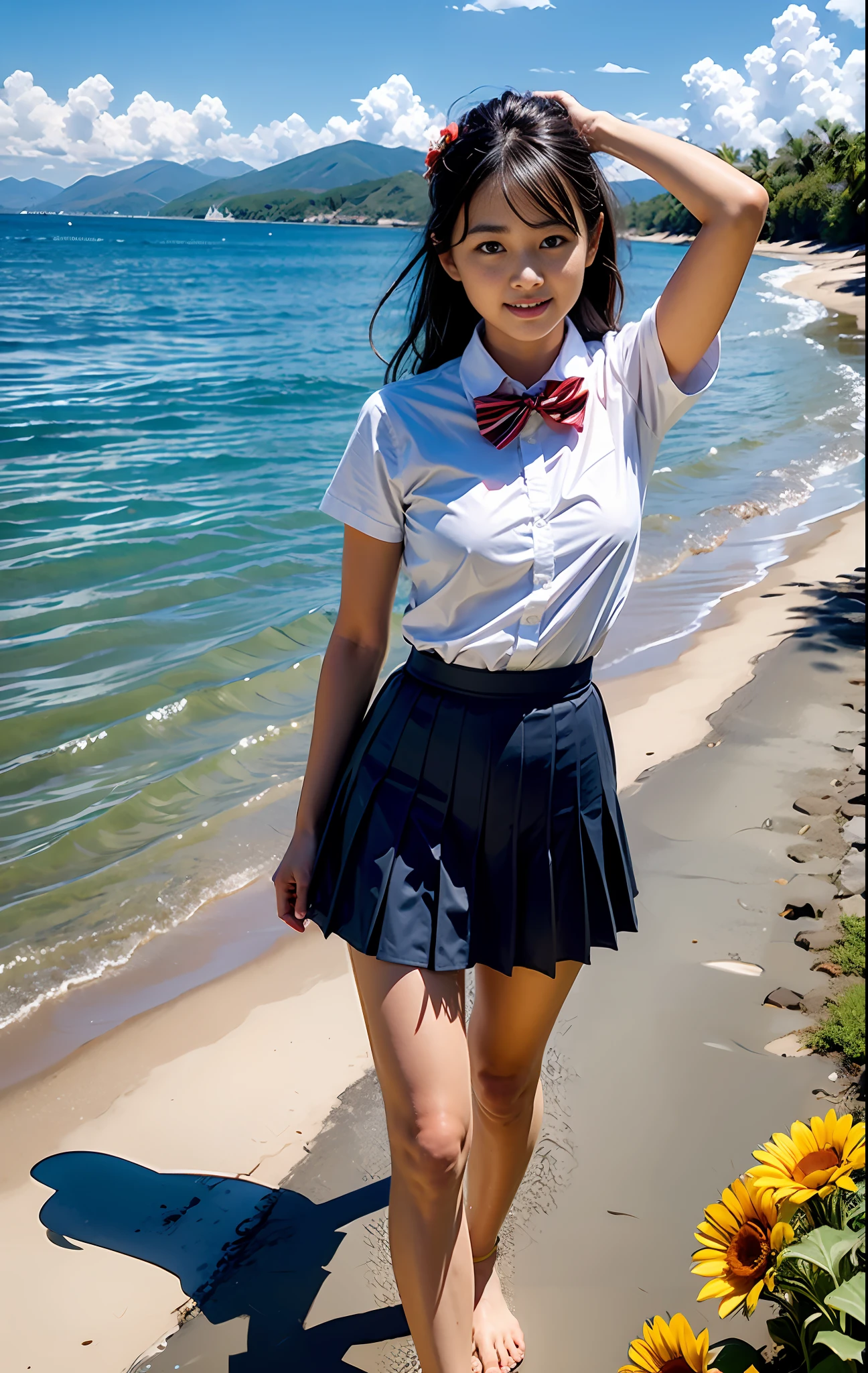 1girl, :d, air_bubble, arm_up, bangs, bare_legs, barefoot, beach, blue_skirt, blue_sky, blush, boat, bow, bowtie, breast_pocket, breasts, brown_eyes, brown_hair, bubble, caustics, cloud, cloudy_sky, collarbone, collared_shirt, day, dress_shirt, eyebrows_visible_through_hair, feet, floating_hair, flower, hair_flower, hair_ornament, hairclip, hand_up, holding, holding_flower, horizon, island, lake, leg_up, long_hair, looking_at_viewer, medium_breasts, mountain, mountainous_horizon, ocean, open_mouth, orange_flower, outdoors, pink_flower, pleated_skirt, pool, poolside, red_bow, red_bowtie, red_flower, river, sand, school_uniform, shallow_water, shirt, shore, short_sleeves, skirt, skirt_hold, sky, smile, solo, splashing, standing, standing_on_one_leg, striped, striped_bow, striped_bowtie, sunflower, sunflower_hair_ornament, sunlight, swimsuit, teeth, thighs, wading, walking_on_liquid, water, water_drop, watercraft, waves, white_flower, white_shirt, yellow_flower