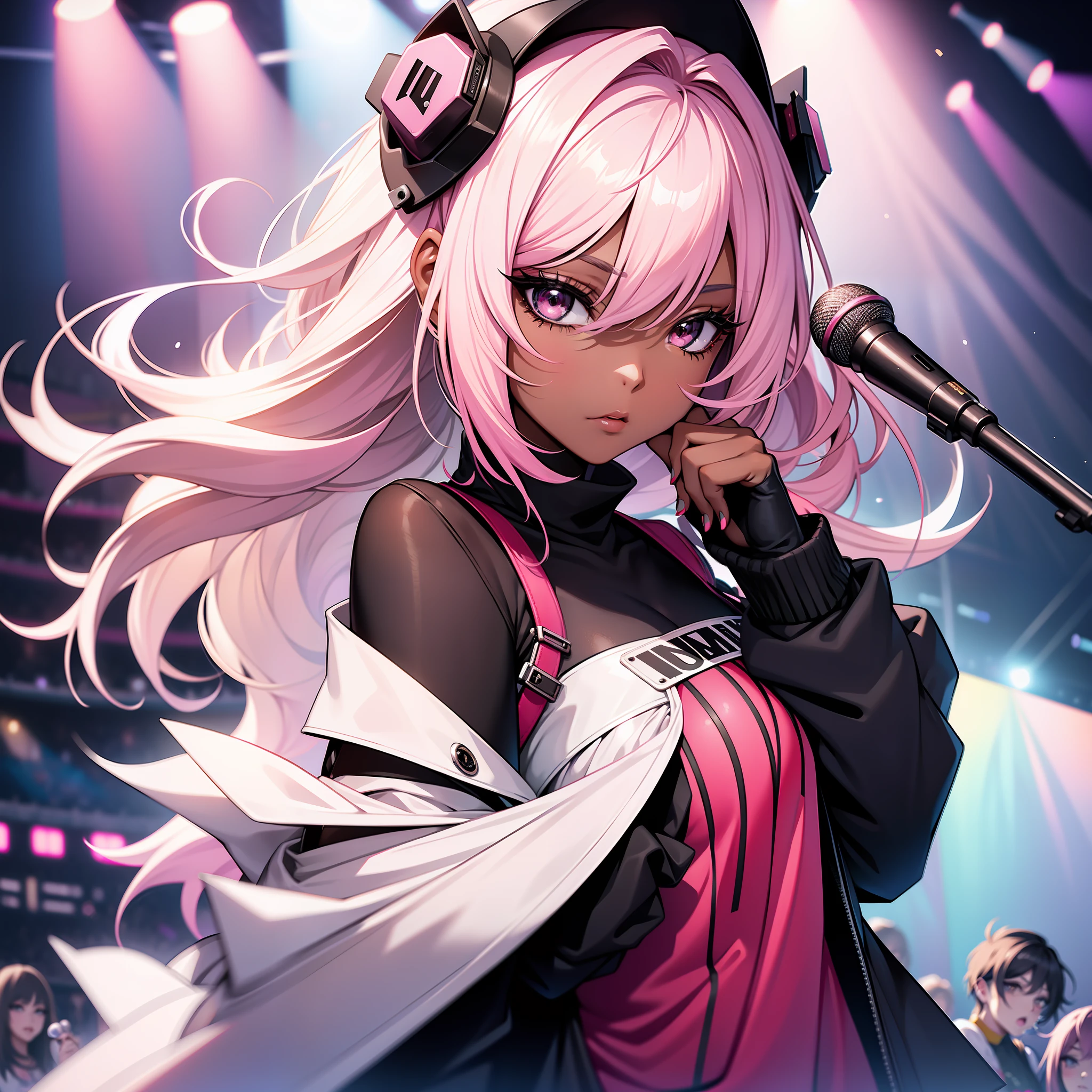 (a young woman:1.2)| (a girl:1.1), black skin, portrait, makeup, super detailed, idol kpop style, pink locks hair, concert stage, holding microphone, straight look, contoured.