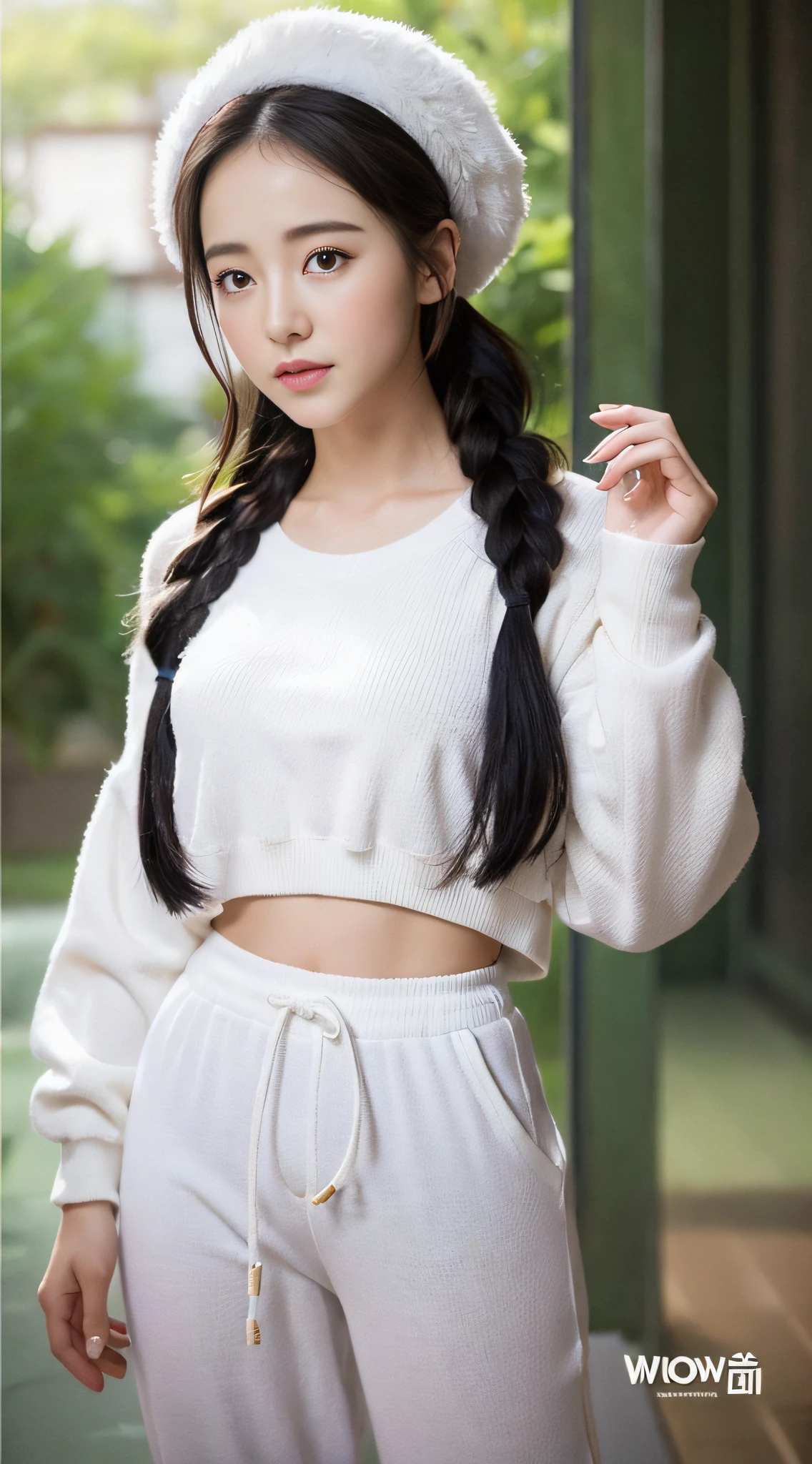 A woman in white sweatpants poses for a photo, a picture inspired by Ma Won-woo, tumblr, realism, dilraba dilmurat, beautiful korean woman, korean girl, cute korean actress, beautiful korean young woman, gorgeous korean young woman, young cute korean face, Kim Young-hin, Nguyen Jia-beautiful! , Korean female fashion model