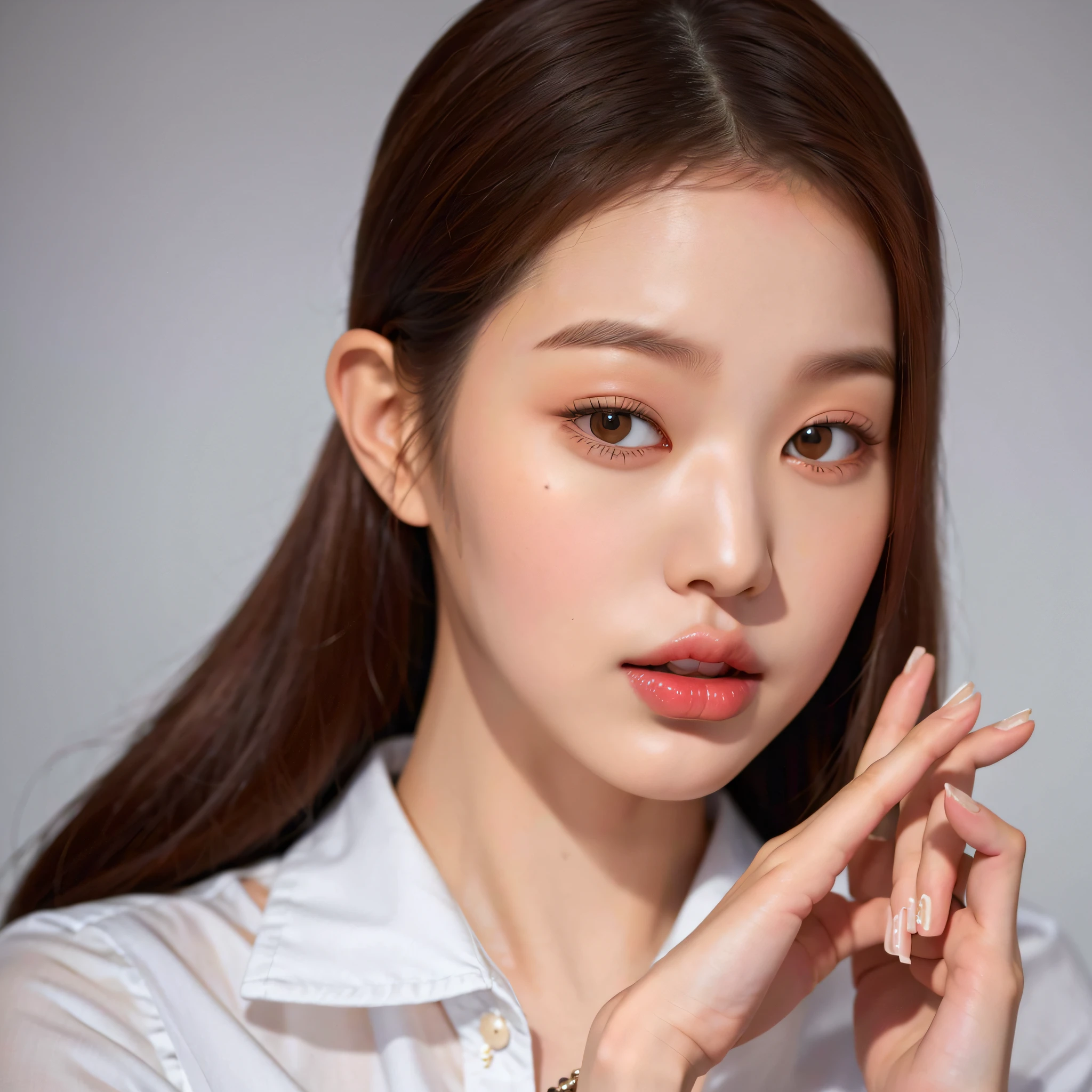 there is a woman with long hair and a white shirt, popular south korean makeup, popular korean makeup, young adorable korean face, beautiful young korean woman, gorgeous young korean woman, portrait of female korean idol, beautiful south korean woman, korean face features, jaeyeon nam, wan adorable korean face, with round face, portrait of jossi of blackpink, jinyoung shin