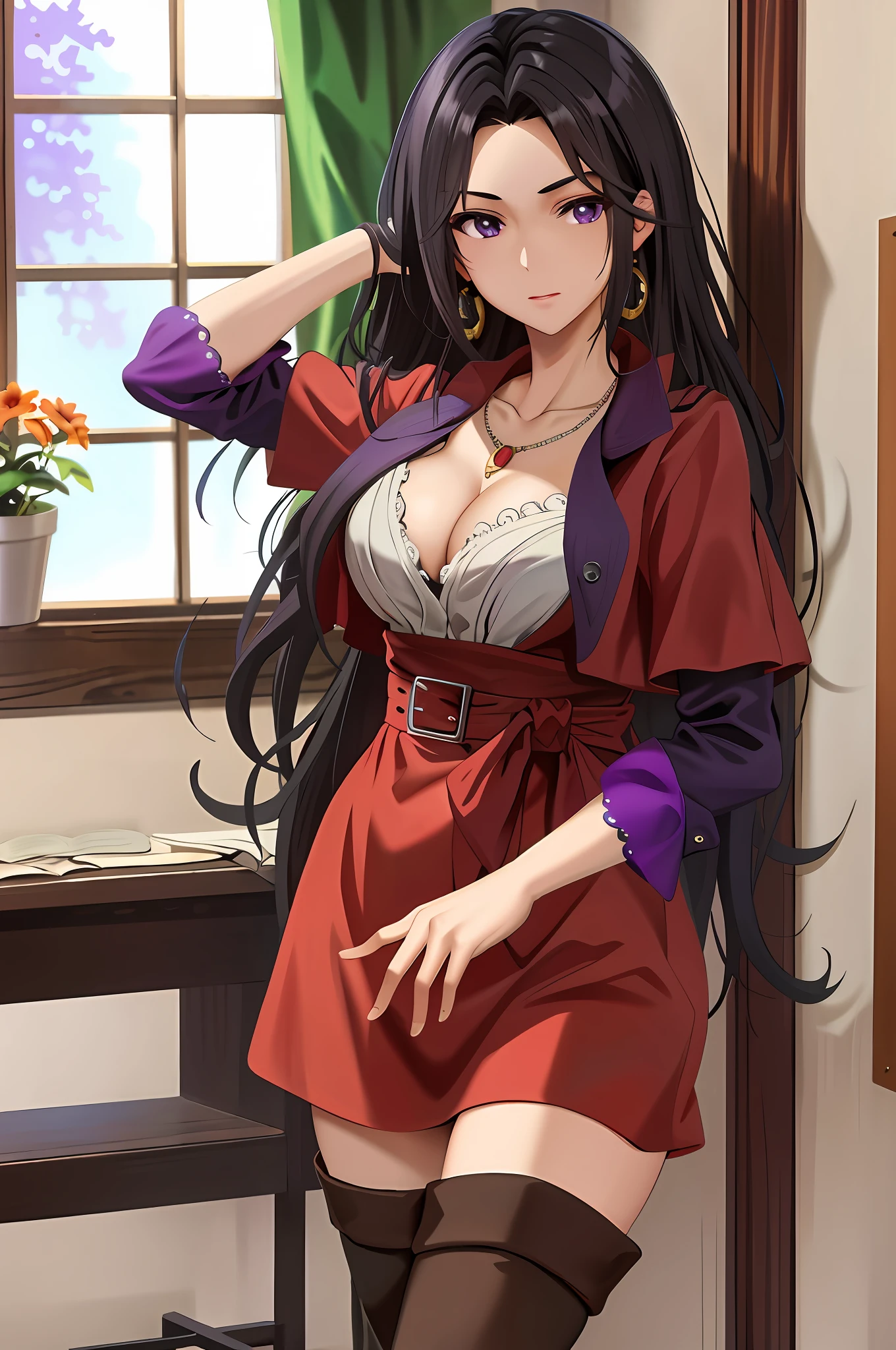 masterpiece, best quality, highres, 1girl, black hair, long hair, purple eyes, necklace, earrings, thighhighs, red dress, cleavage, cowboy shot, standing near the window,