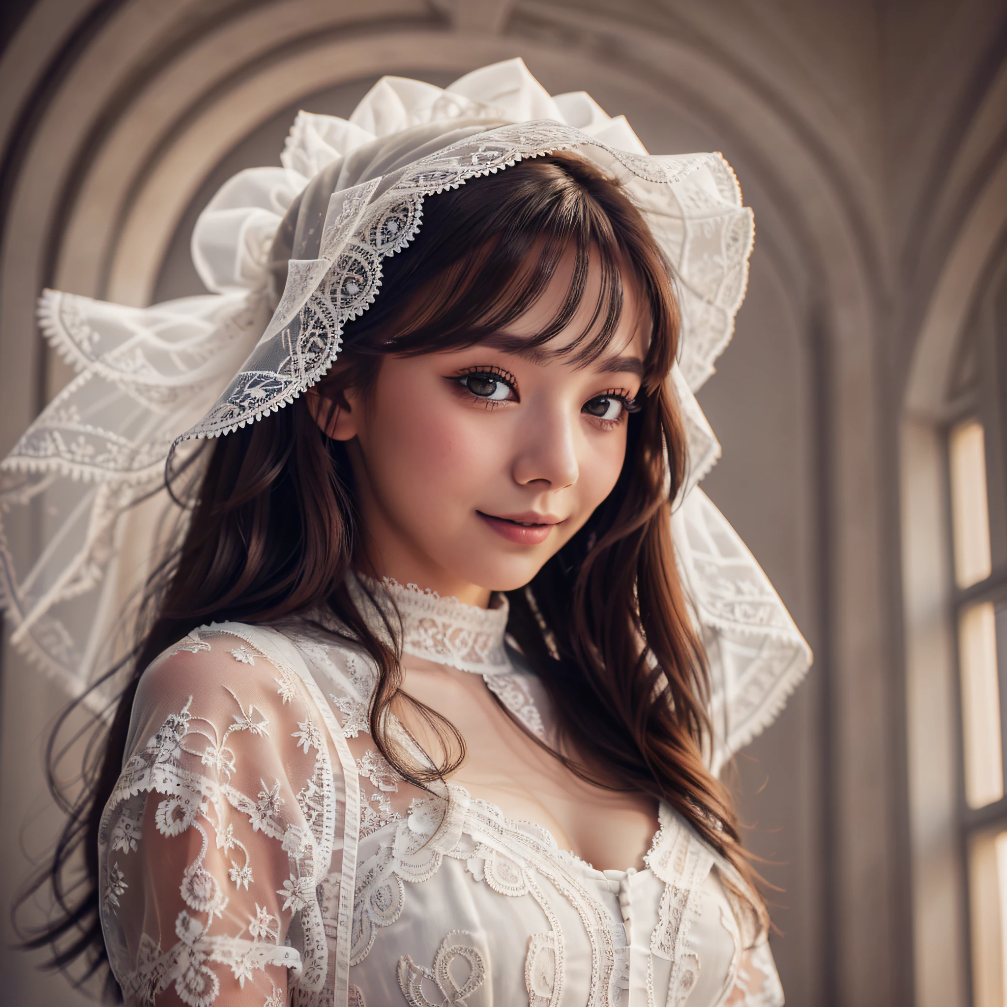 White lace, model, brunette light smile, long eyelashes, atmospheric perspective, 8k, super detail, precision, the best quality --auto --s2