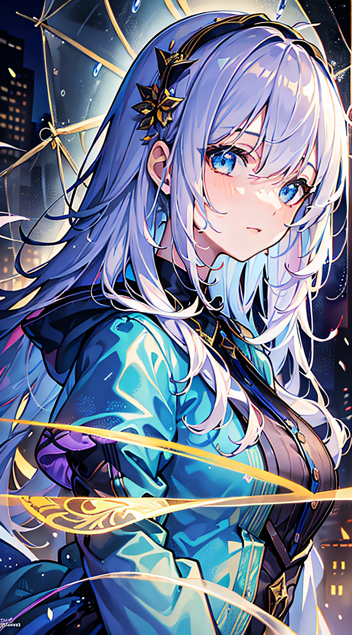 (masterpiece:1.21), (best quality:1.331), ((ultra-detailed)), ((extremely best illustration)), ((amazing)), (hyper quality), gorgeous and rich graphics, (extremely exquisite and beautiful: 1.21), 8k, wallpaper, (extremely beautiful lighting), strong light, delicate composition, (perfect composition), (extremely detailed background: 1.21), Rembrandt style light and shadow expression, deep tone, (low key and high variance color standard), ((depth of field)), deep shadows, dynamic angle, from the side, upper body, radial blur, rain, (city lights, blurred background), (1girl), (beautiful detailed eyes), clear blue eyes, Long silver french braid, camouflage uniform, transparent raincoat, wet clothes, wet skin and wet hair, lens flare, string lights, street, masterpiece, best quality,
