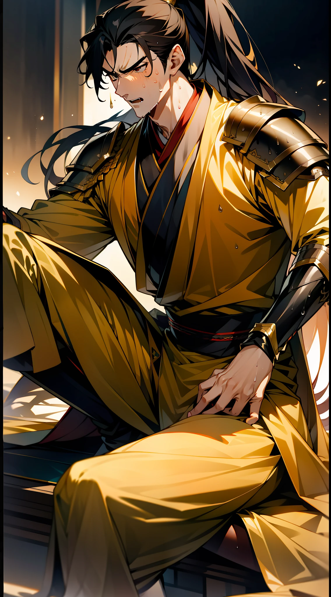 1 male, sweating, open mouth, drooling, wet, wet, sweating pectorals, sweating abs, sweating crotch, golden costume Hanfu, dragon robe, handsome face, evil, highest picture quality, dark skin, high ponytail long hair, detail Hanfu, wearing arm guards, armor, leg guards, leggings, boots (ancient Chinese military boots), looks like a general, squat, forked legs squat, half squat, crotch sweating, crotch shape, crotch sweat, long legs, leg contour, thigh close-up, calf close-up, perfect legs