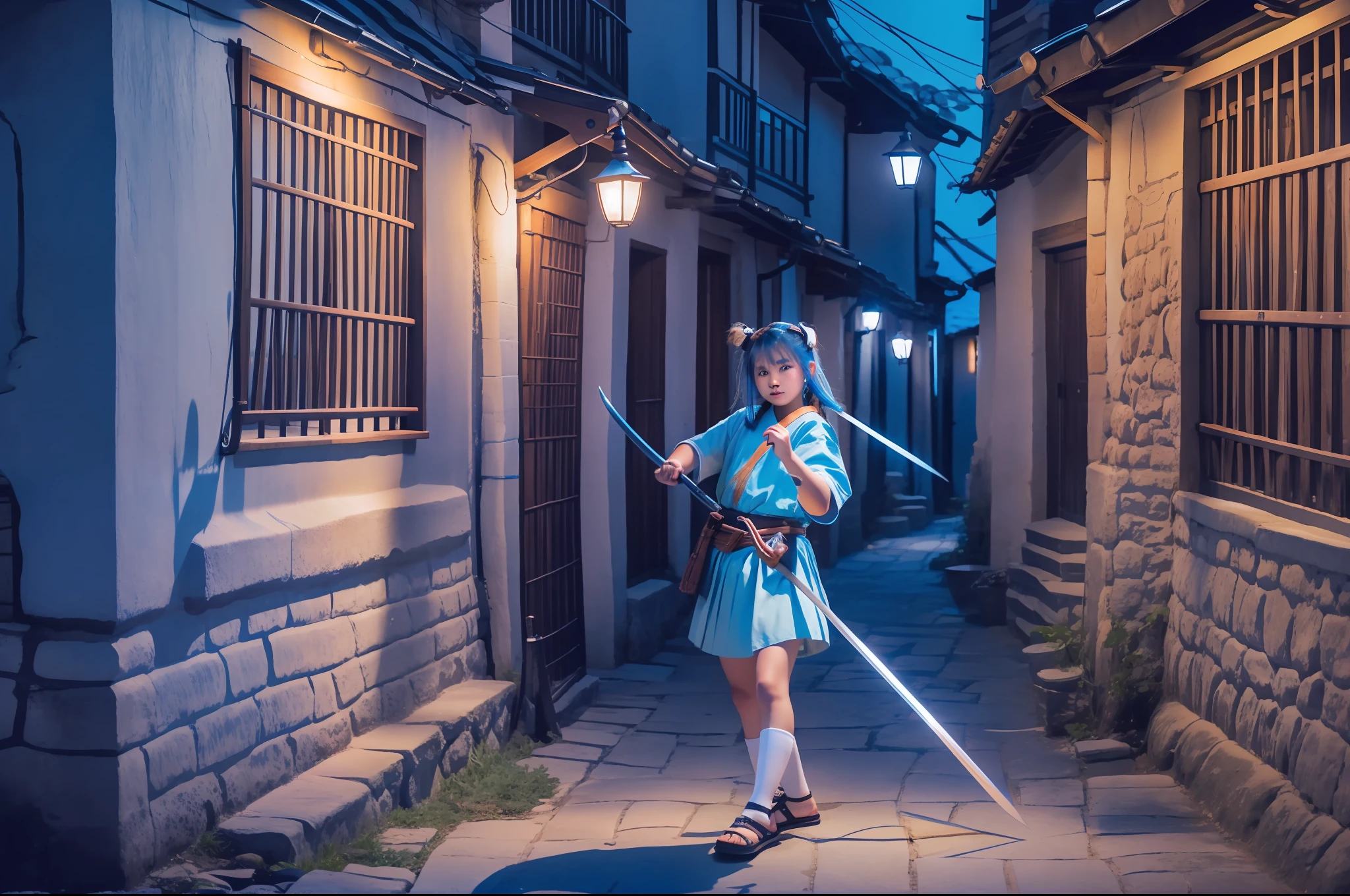 Medium blue-haired girl in village lit up at night fighting with scared katana