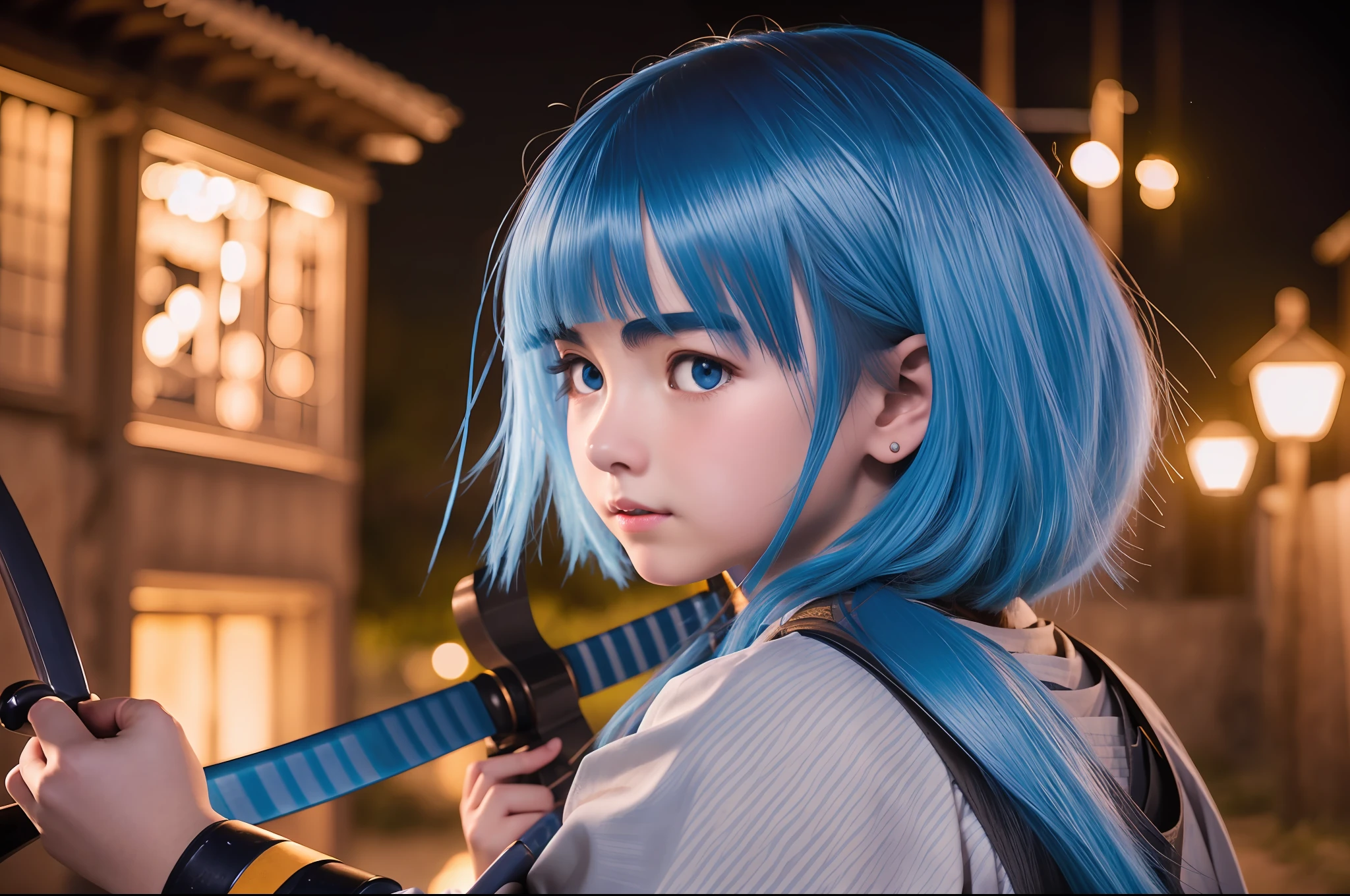 Medium blue-haired girl in village lit up at night fighting with scared katana