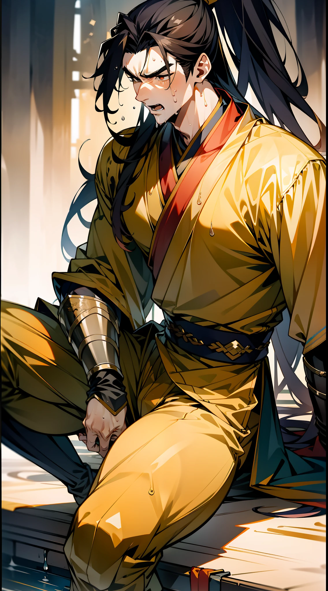1 male, sweating, open mouth, drooling, wet, wet, sweating pectorals, sweating abs, sweating crotch, golden costume Hanfu, dragon robe, handsome face, evil, highest picture quality, dark skin, high ponytail long hair, detail Hanfu, wearing arm guards, armor, leg guards, leggings, boots (ancient Chinese military boots), looks like a general, squat, forked legs squat, half squat, crotch sweating, crotch shape, crotch sweat, long legs, leg contour, thigh close-up, calf close-up, perfect legs