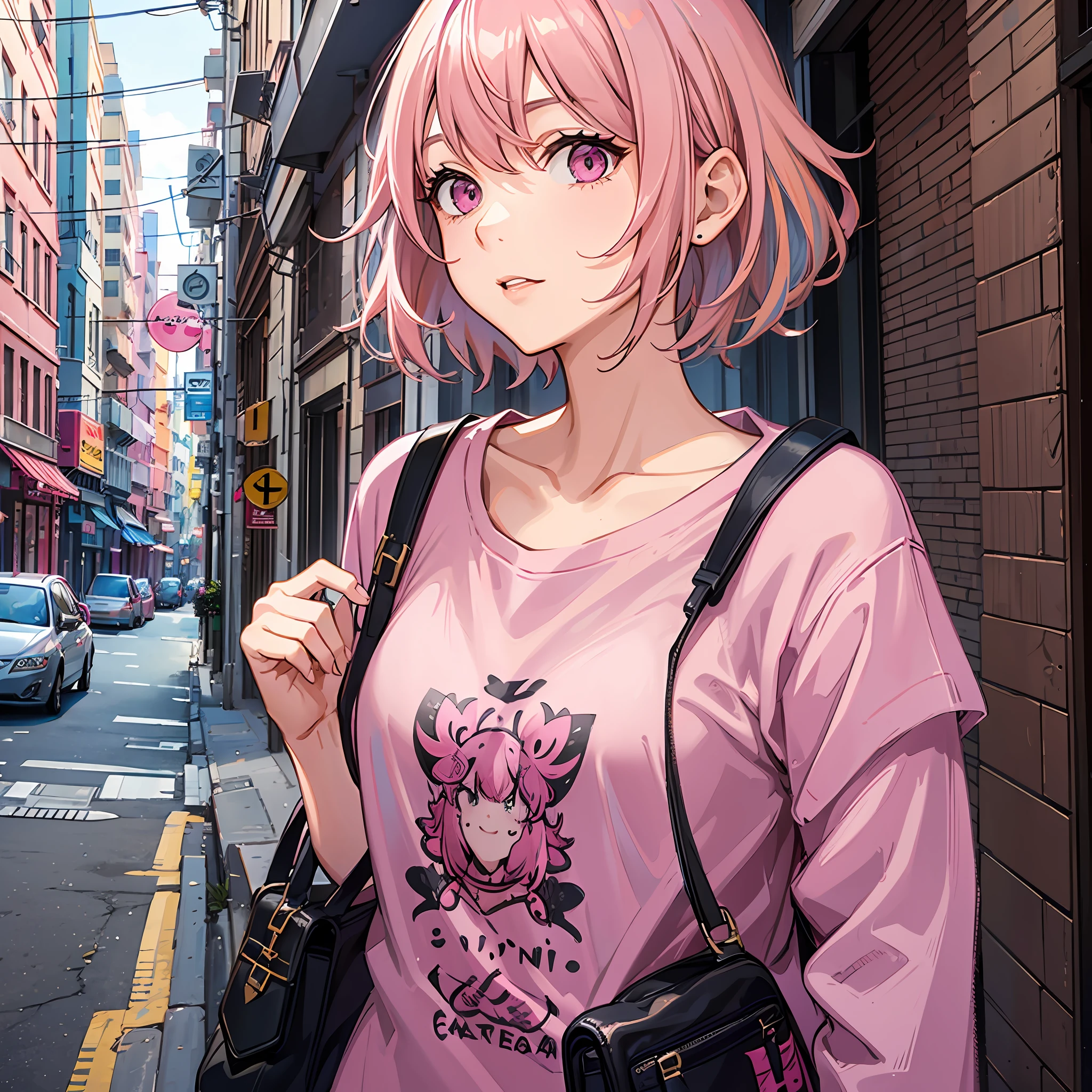 A woman, ((pink hair)), pink eyes, Casual clothing, adult body, straight short hair, in town