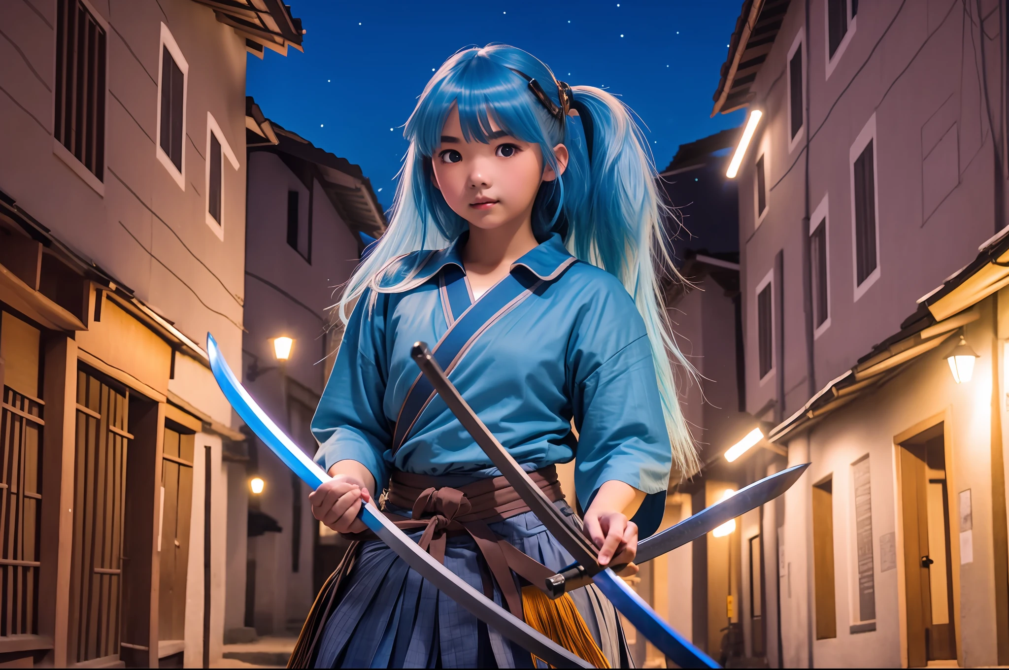 Medium blue-haired girl in village lit up at night fighting with scared katana