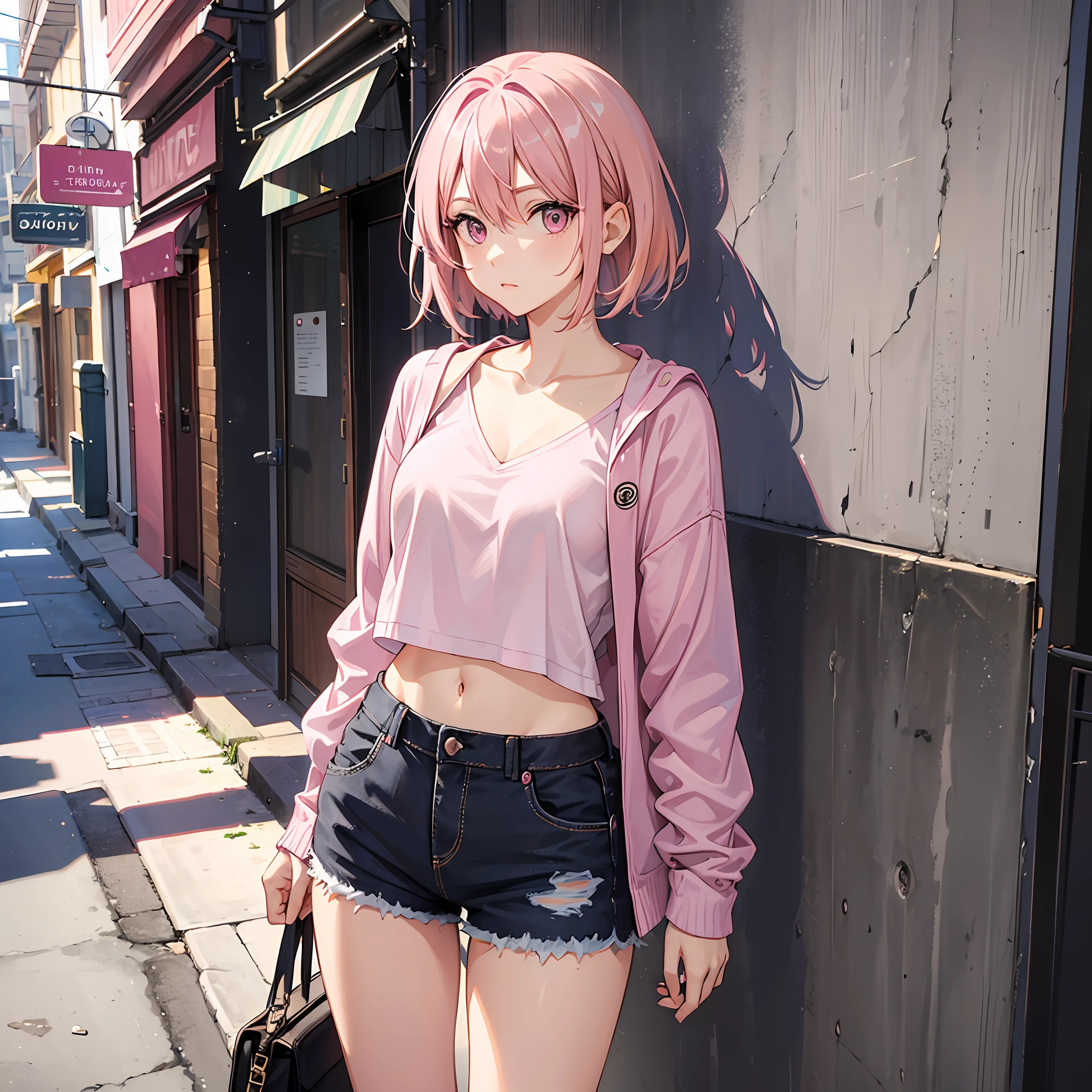 A woman, ((pink hair)), pink eyes, Casual clothing, adult body, straight short hair, in town