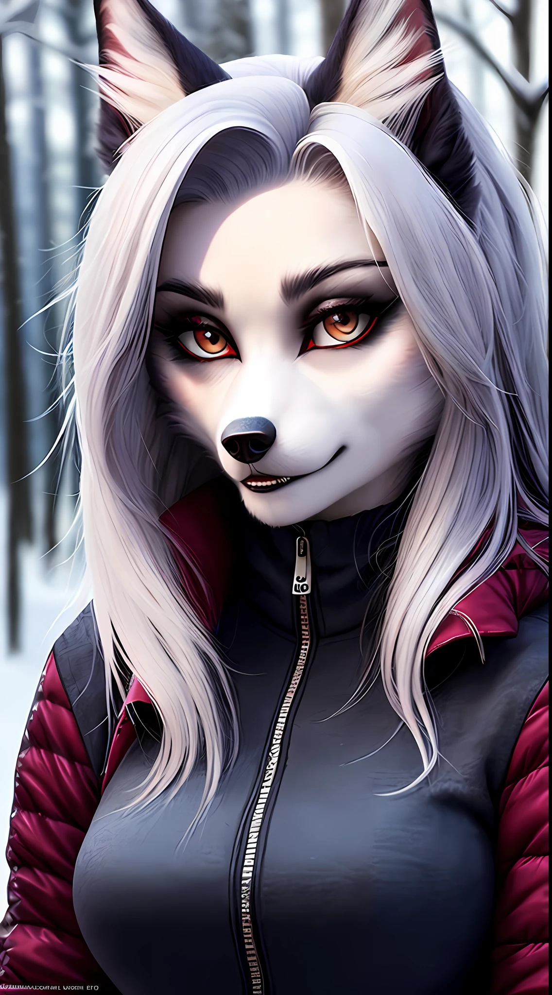 uploaded to E621, NSFW, raw photo, realistic, anthro, detailed face, detailed fur, beautiful and detailed portrait, muzzle, helluva boss, Loona Hellhound, Loona, high resolution, in snowy winter, winter clothes, winter jacket