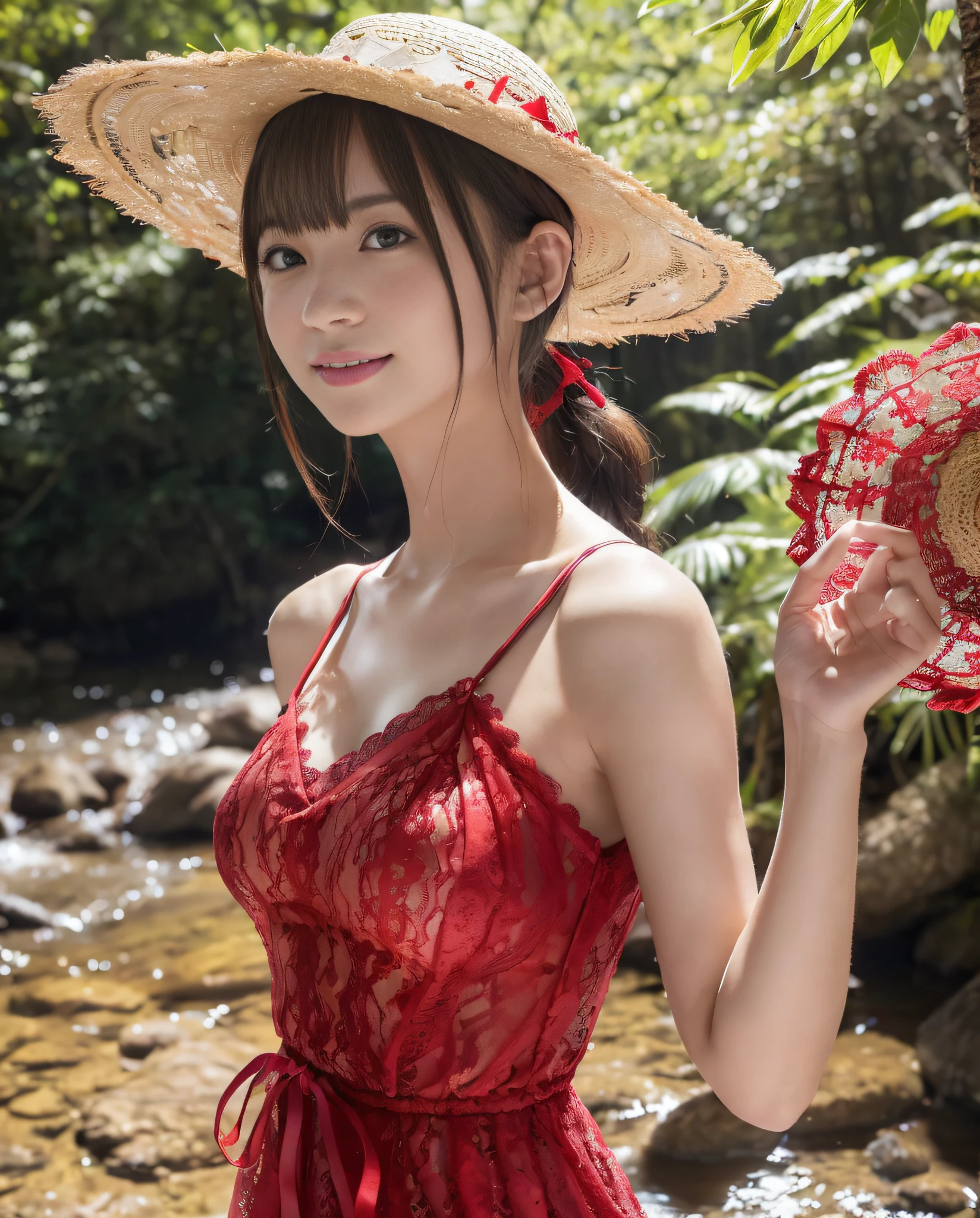 ((((1))),((Photorealistic))), ((AKB 48)), (Full body photo))), (Lens flare))),((Backlight)), (In the woods))((Clear stream deep in the dark mountains)),((Rock in the background)),((Straw hat with ribbon)),((Smiling)),((NIKON Z)),(19 years old))),(Small bust)))), ((((red lace dress)))), ((((Pore feeling)))), ((skin feeling)))), (((Photorealism: 6, realistic))))), (((sideways and turning around pose)),Perfect chest shape, bare buttocks, side ponytail, ribbon, hair ornament, pale skin, looking at the viewer, small waist