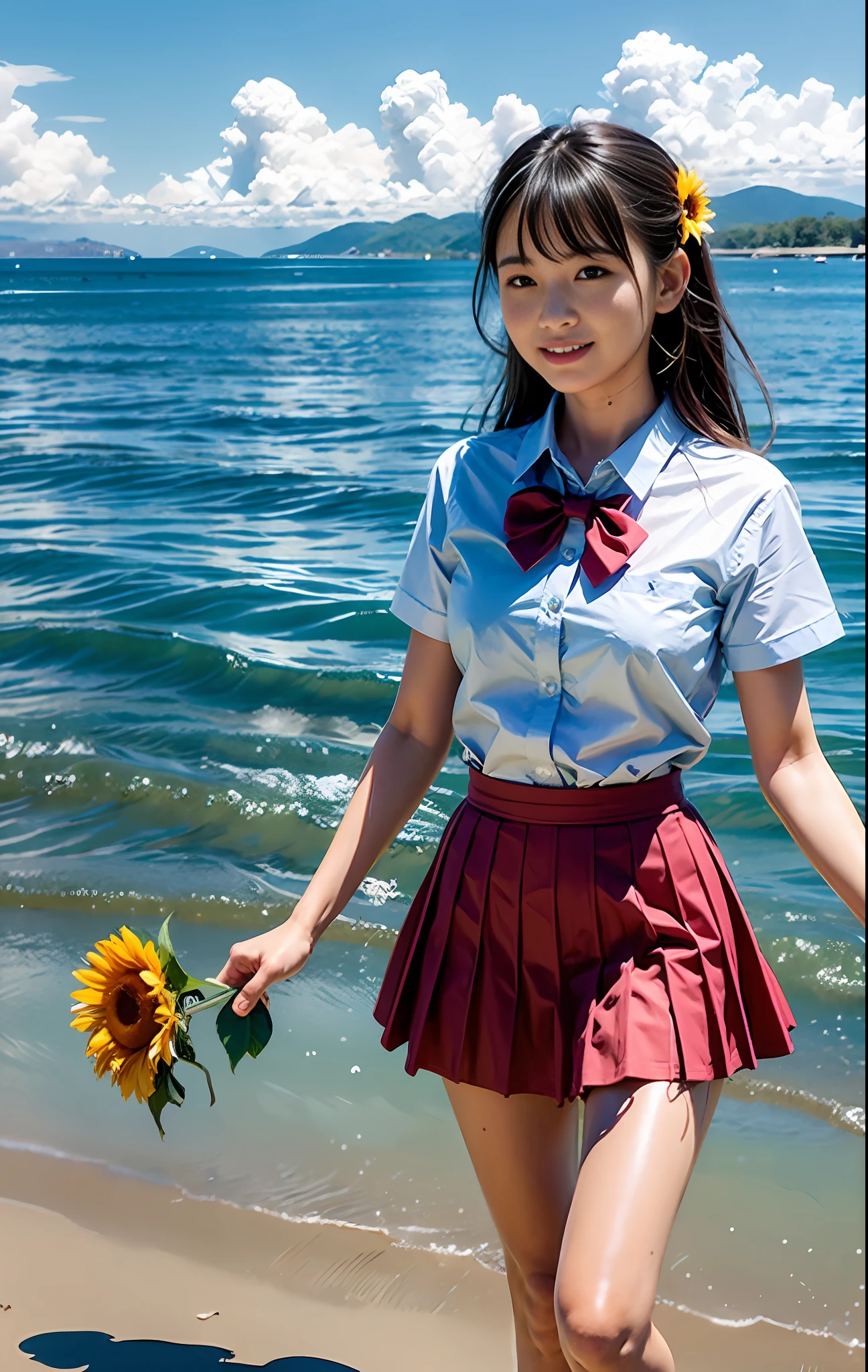 1girl, :d, air_bubble, arm_up, bangs, bare_legs, barefoot, beach, blue_skirt, blue_sky, blush, boat, bow, bowtie, breast_pocket, breasts, brown_eyes, brown_hair, bubble, caustics, cloud, cloudy_sky, collarbone, collared_shirt, day, dress_shirt, eyebrows_visible_through_hair, feet, floating_hair, flower, hair_flower, hair_ornament, hairclip, hand_up, holding, holding_flower, horizon, island, lake, leg_up, long_hair, looking_at_viewer, medium_breasts, mountain, mountainous_horizon, ocean, open_mouth, orange_flower, outdoors, pink_flower, pleated_skirt, pool, poolside, red_bow, red_bowtie, red_flower, river, sand, school_uniform, shallow_water, shirt, shore, short_sleeves, skirt, skirt_hold, sky, smile, solo, splashing, standing, standing_on_one_leg, striped, striped_bow, striped_bowtie, sunflower, sunflower_hair_ornament, sunlight, swimsuit, teeth, thighs, wading, walking_on_liquid, water, water_drop, watercraft, waves, white_flower, white_shirt, yellow_flower