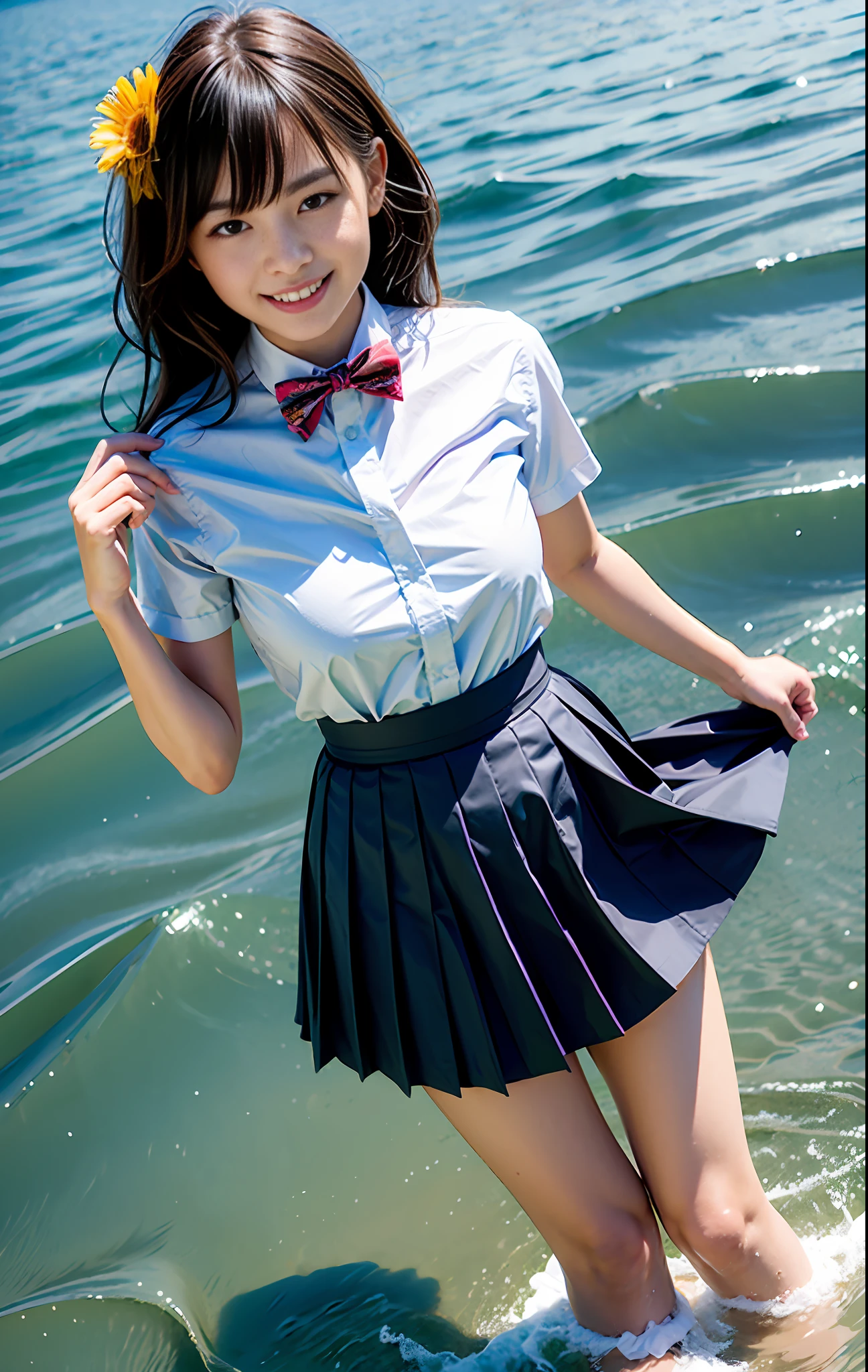 1girl, :d, air_bubble, arm_up, bangs, bare_legs, barefoot, beach, blue_skirt, blue_sky, blush, boat, bow, bowtie, breast_pocket, breasts, brown_eyes, brown_hair, bubble, caustics, cloud, cloudy_sky, collarbone, collared_shirt, day, dress_shirt, eyebrows_visible_through_hair, feet, floating_hair, flower, hair_flower, hair_ornament, hairclip, hand_up, holding, holding_flower, horizon, island, lake, leg_up, long_hair, looking_at_viewer, medium_breasts, mountain, mountainous_horizon, ocean, open_mouth, orange_flower, outdoors, pink_flower, pleated_skirt, pool, poolside, red_bow, red_bowtie, red_flower, river, sand, school_uniform, shallow_water, shirt, shore, short_sleeves, skirt, skirt_hold, sky, smile, solo, splashing, standing, standing_on_one_leg, striped, striped_bow, striped_bowtie, sunflower, sunflower_hair_ornament, sunlight, swimsuit, teeth, thighs, wading, walking_on_liquid, water, water_drop, watercraft, waves, white_flower, white_shirt, yellow_flower