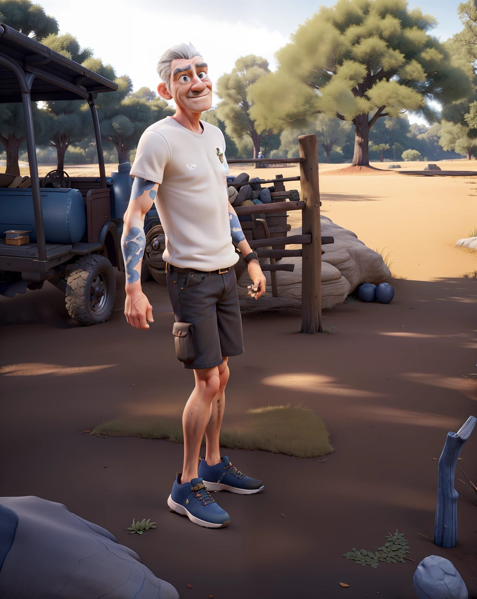 "Masterpiece, great quality, ultra realistic in high definition 8k, with an elderly man in black clothes, jeans and white sneakers in the park, natural environment, dynamic scenery, wonderful balance of light and shadow." senior 3D rendering artist, realistic afternoon lighting, realistically clothing, realistic 3D character, tall farmer, inspired by senior environmental artist, old CGI 3D rendered Bryce 3D, highly detailed character, small character. Unreal Engine 5, hyper-detailed full-body shooting, semi-realistic rendering, casual pose, super face detailing big blue eyes