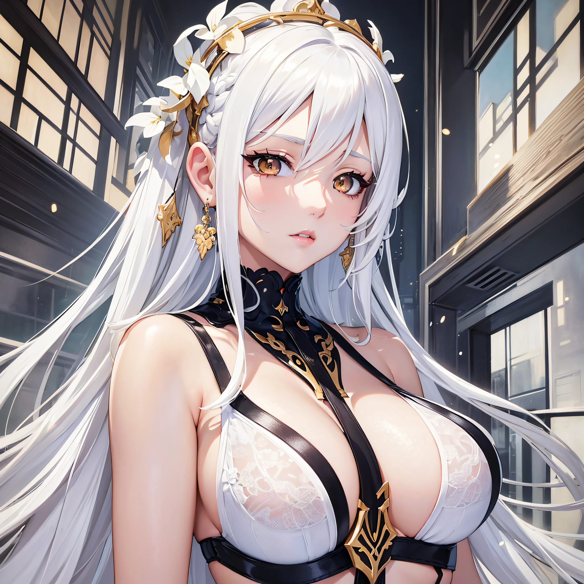 Superb and masterpiece, white hair, golden eyes, white clothes, looking up, upper body, hair, fair skin, side braids, smooth anime CG art, seductive anime girl, beautiful seductive anime woman, beautiful seductive anime , panties and bra Barbie --auto --s2