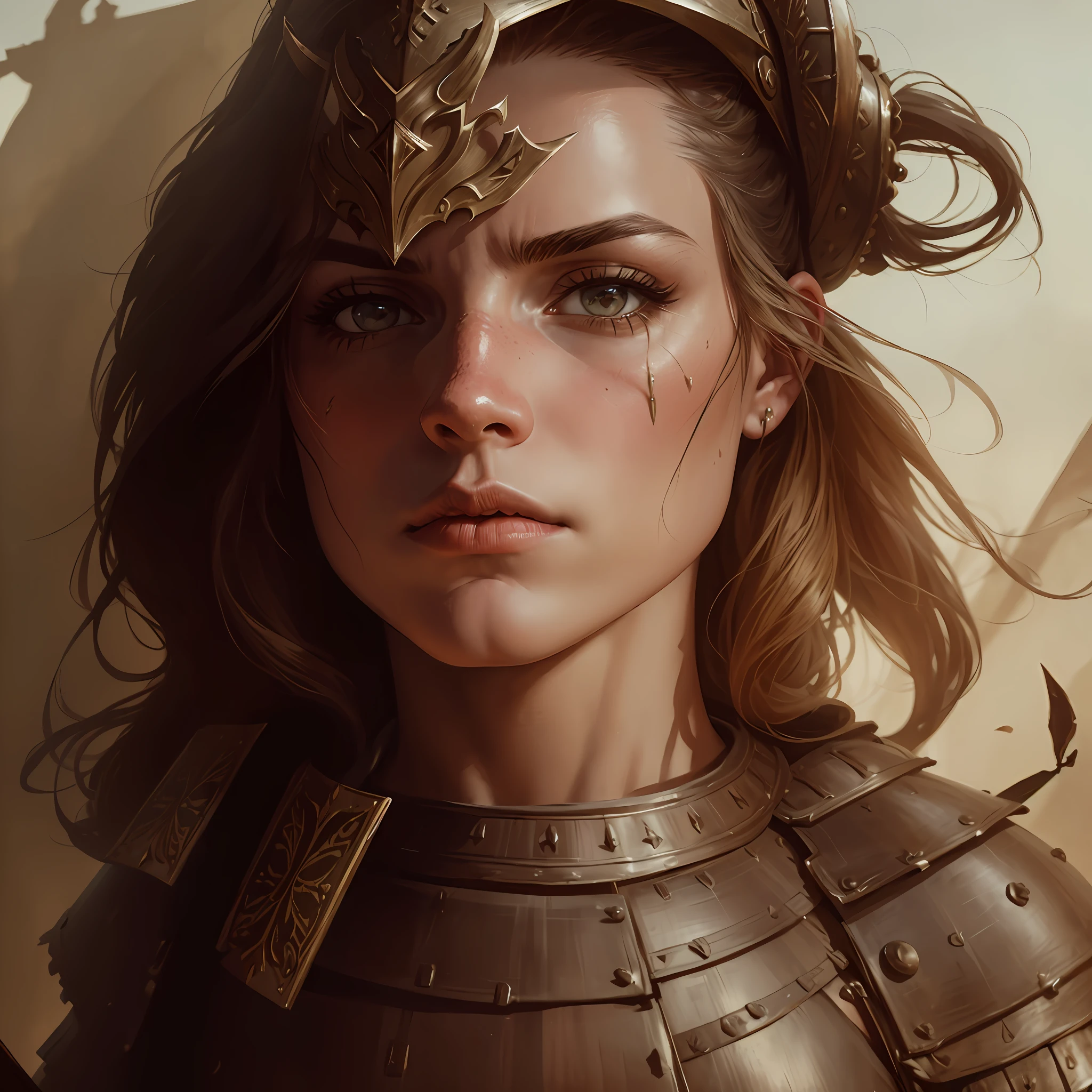 (best quality, "Medieval Warrior" in a feudal environment, beautiful and strong, wearing heavy and impressive armor, in a detailed and realistic scene with many medieval elements, battle climate, waving flags, smoke, flames, dust, dramatic light effects, realistic shadows and well-defined textures)