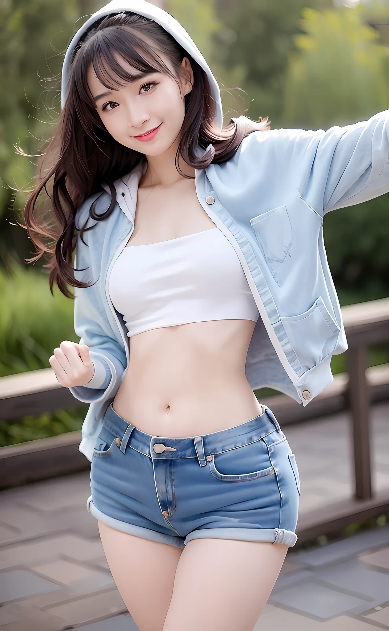 Realism, 8k, 1girl, long wavy curls, pale skin (Chinese beauty), (smiling) young beauty, thick eyebrows, ((D cups)), hoodie ((good figure)), (tight) denim shorts (light denim shorts), small waist, wide thighs, standing one thigh up, wide thigh gap, legs apart