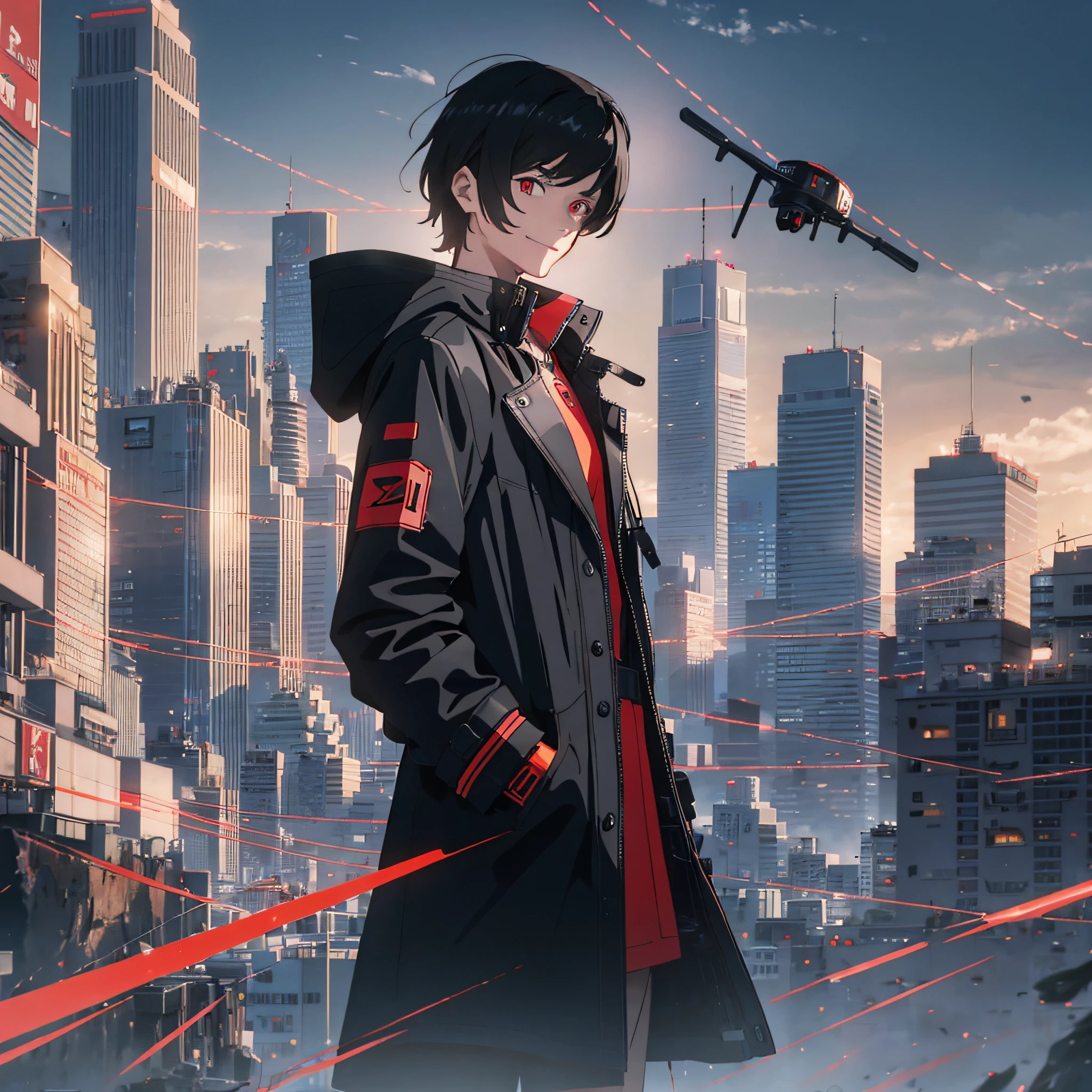 Teenager Back Black knife Short hair Black hair Black trench coat Black pupils Modern clothes Suspended drone around Black drone One side of the drone has a red electronic eye Drone cube Drone has a futuristic sense Teenager standing on the top of the mountain looking at the line section city The knife is drawn diagonally below Black scabbard The handle is red tassel The teenager wears invisible scanning iris The teenager has no tattoo with his hands in his pockets and is smiling --auto --s2