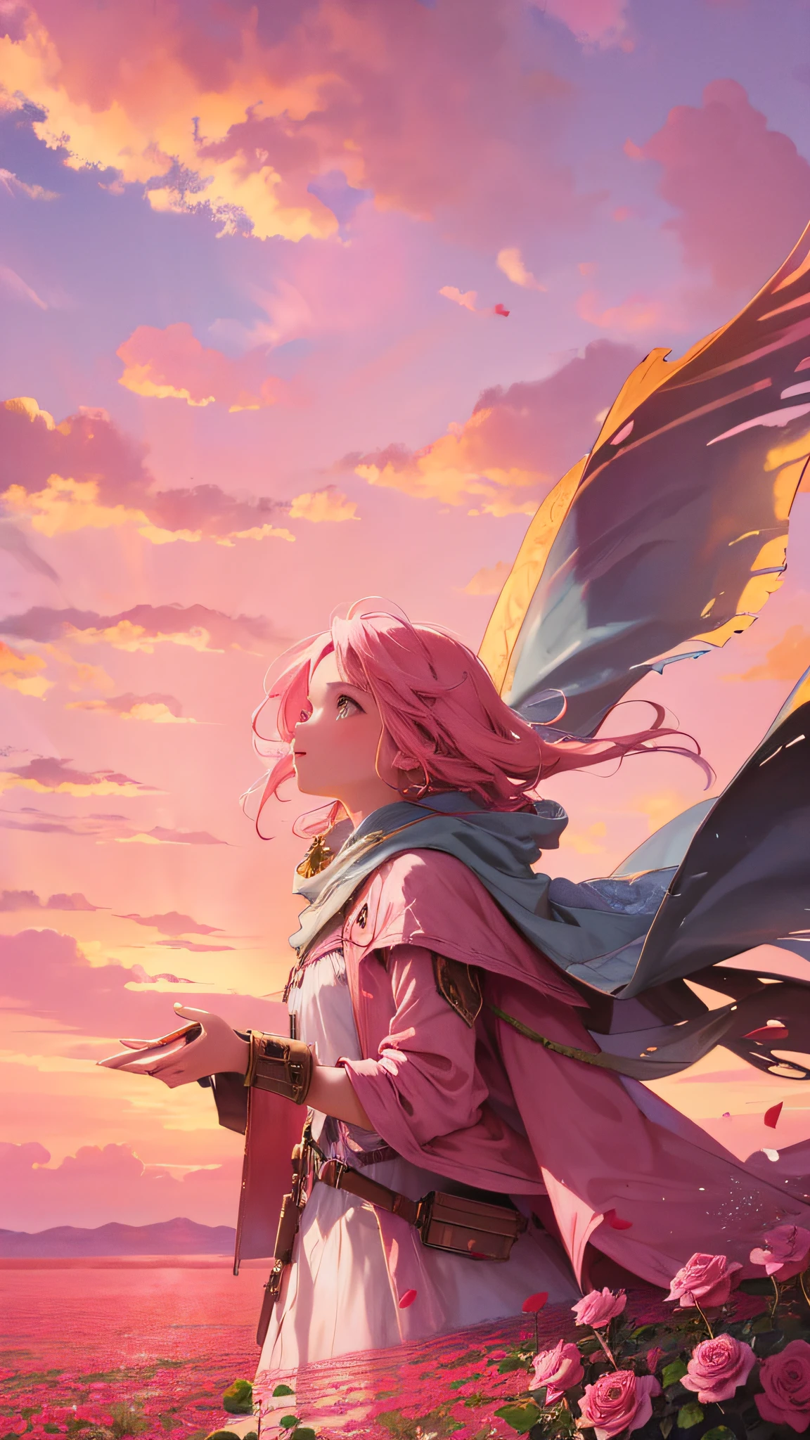 Summer, desert, pink clouds, a land overgrown with roses stands beautiful girl, James Gurney, art station rendered, ultra-wide lens, high definition