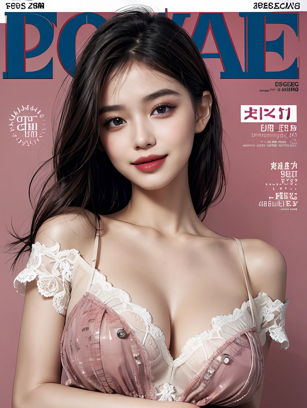 Best quality, masterpiece, high resolution,4K,1 girl, smile, delicate makeup, lace, fashion, (magazine:1.3), (cover style:1.3)