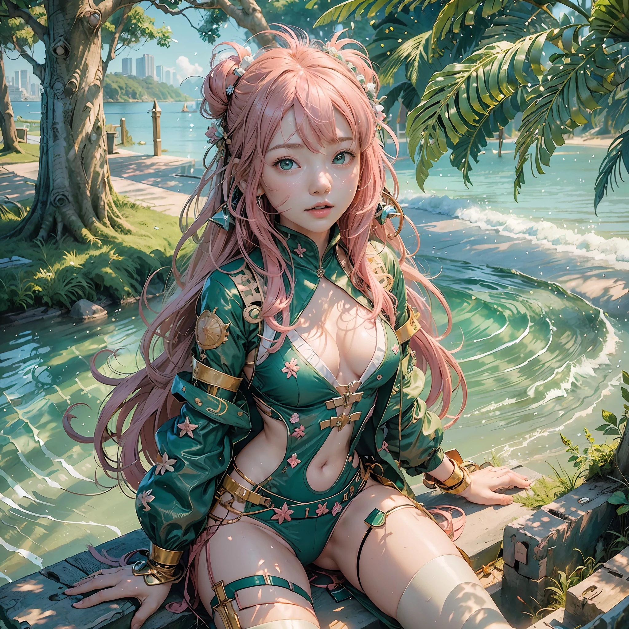 (extremely detailed CG unit 8k wallpaper, masterpiece, best quality, ultra detailed), best quality, girl, pink hair, long hair, green eyes, house, Beach clothes, small chest, sun shining, bright skin, sun flash, cleavage --auto --s2