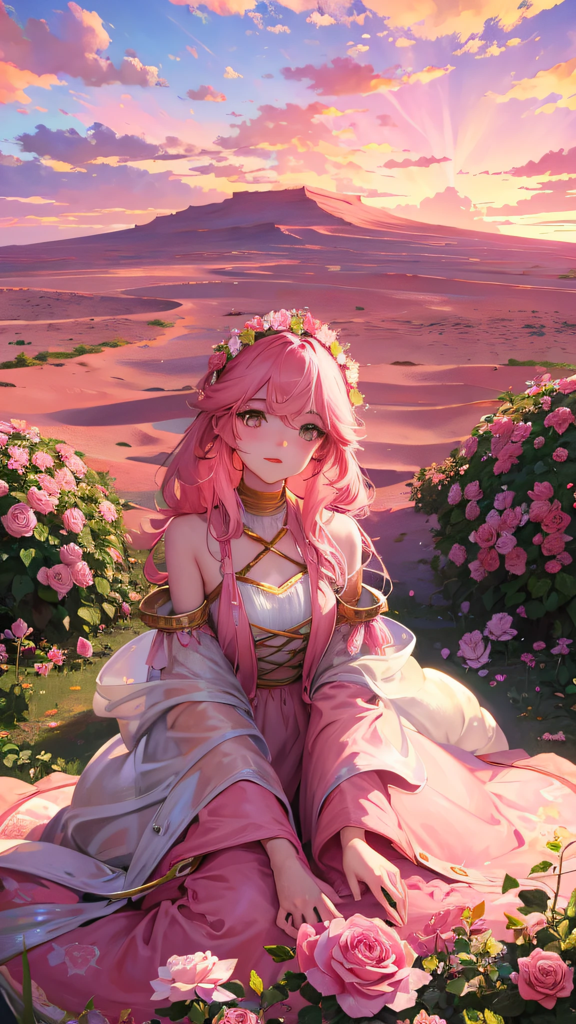 Summer, desert, pink clouds, a land overgrown with roses stands beautiful girl, James Gurney, art station rendered, ultra-wide lens, high definition