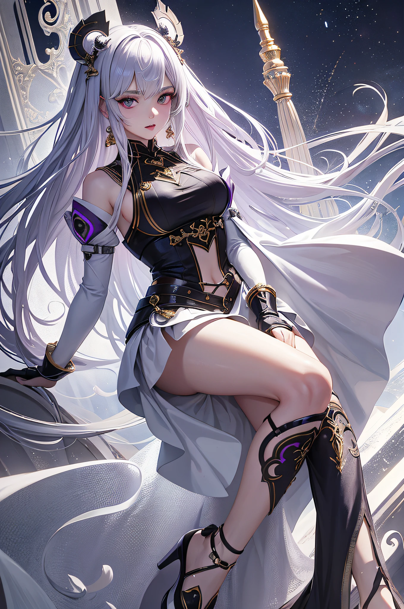 (Masterpiece, Top Quality, Best Quality, Official Art, Beauty and Aesthetics: 1.2), (1 Girl: 1.3), (Fractal Art: 1.3), Absurd, Masterpiece, Best Quality, Realism, Ultra Detail, (Shiny Skin, Sweat: 1.4), Looking at the Audience, Slim, 1 Girl, Solo, White Sneakers, White Miniskirt, Straight Long Hair, Princess Cut, Purple Hair, Purple Eyes, (Thigh Thickness: 0.5), Dynamic Lighting, High Resolution, Clear Focus, Depth of Field, Small Tits, Vampires, masterpiece, best quality, super detailed, illustration, super detailed face, best quality face, evil, 30 years old, adult, 1 girl, 30 years old, no man, white hair, alchemy costume, intricate detailed clothing, sexy pose, glowing silver dress