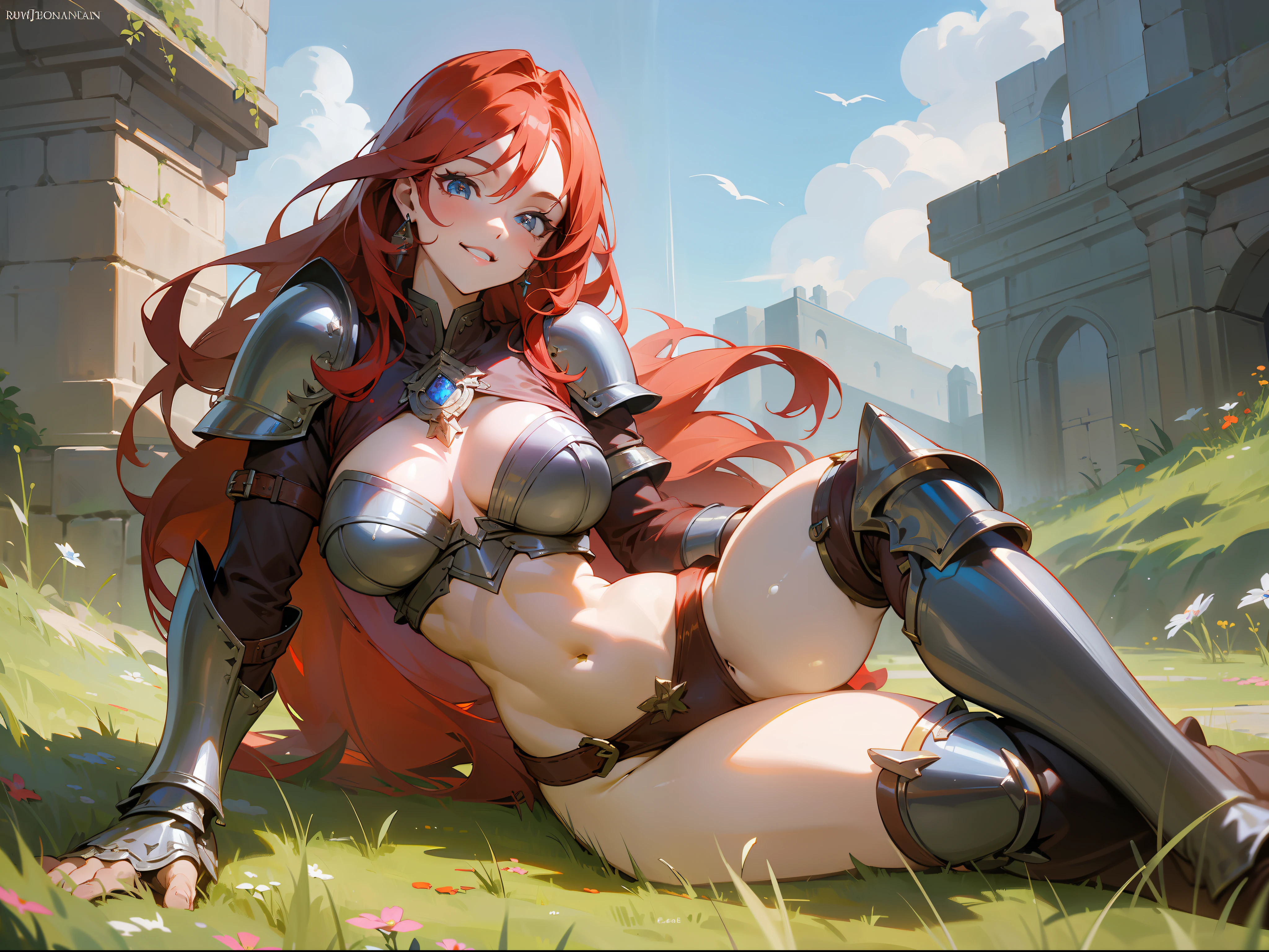 masterpiece, best quality, mature woman, strong, long red hair, light eyes, smile showing teeth, berserker, light leather armor, beautiful breasts, exposed thighs, exposed navel, boots, fantasy, medieval, outdoor, dungeon background, dynamic pose, beautiful detailed glow.