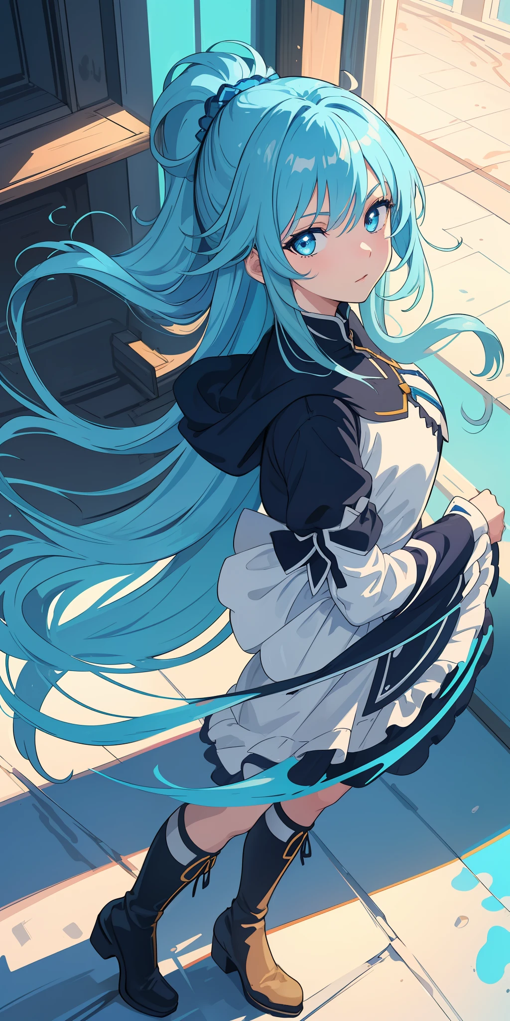 (masterpiece: 1.2, best quality), (beautiful finely detailed eyes: 1.2), (extremely detailed CG unit 8k wallpaper, masterpiece, best quality, ultra-detailed, best shadow), (detailed background), (beautiful detailed face, beautiful detailed eyes), High contrast, (best lighting, an extremely delicate and beautiful),1girl_aqua_konosuba,((splashes of colored paint on transparent background, dulux,)), dynamic angle, beautiful detailed brightness, Full body, cowboy shot, long blue hair, blue eyes.