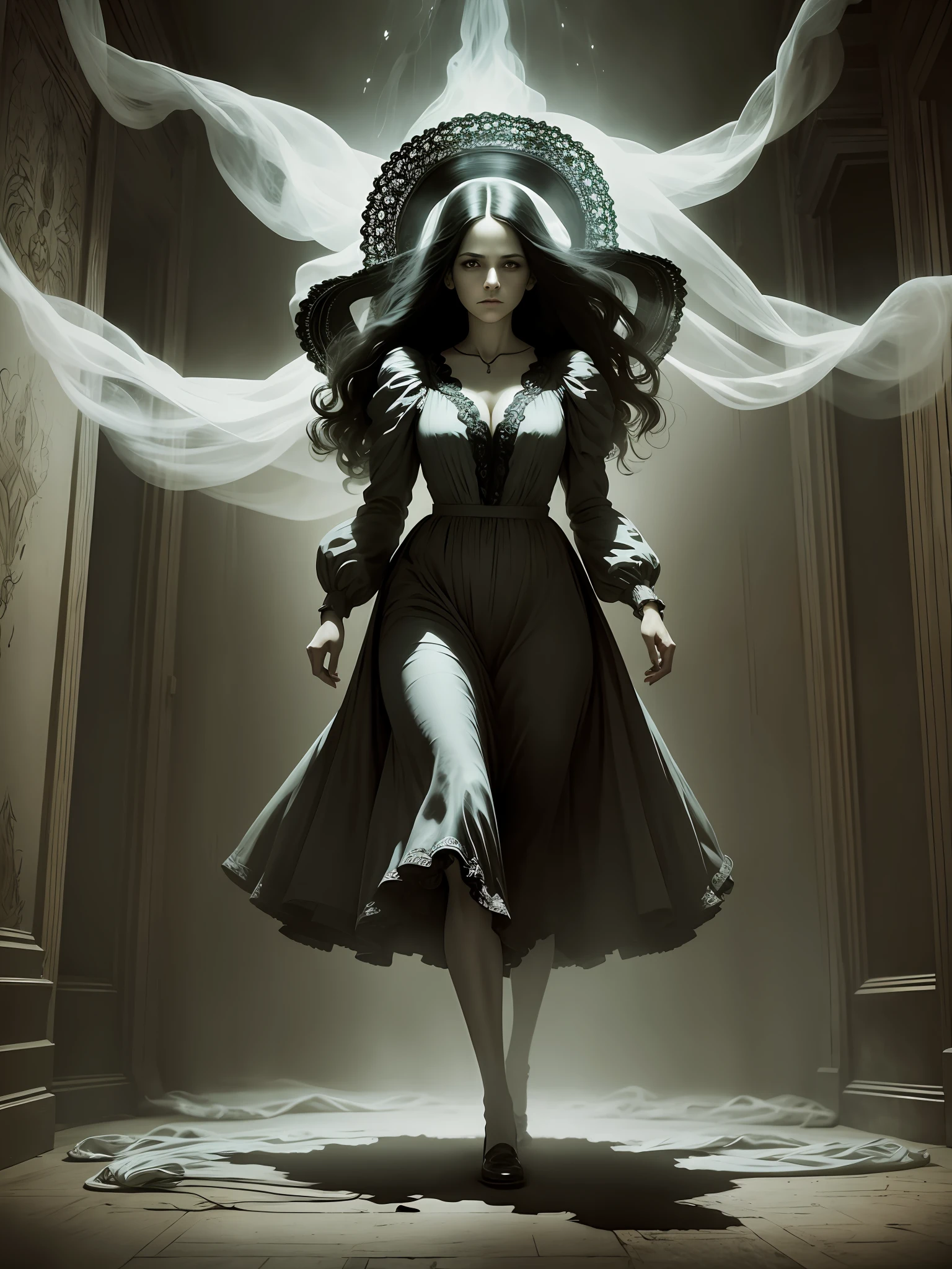 dramatic full body portrait photo of a beautiful female spirit medium levitating and emitting paranormal ectoplasm, detailed and creepy, by annie leibovitz, by diane arbus for spicy mystery stories pulp magazine --auto --s2