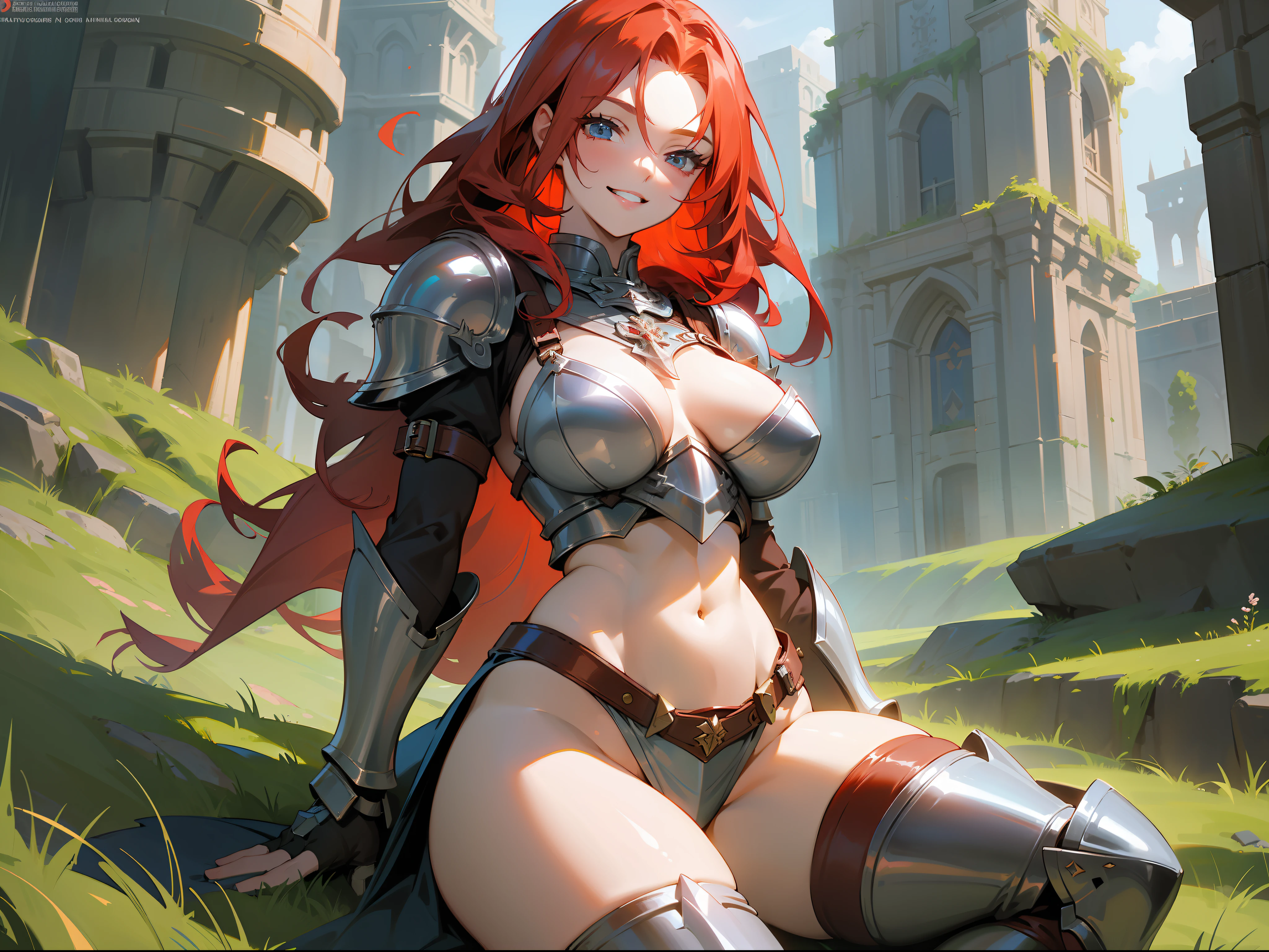 masterpiece, best quality, mature woman, strong, long red hair, light eyes, smile showing teeth, berserker, light leather armor, beautiful breasts, exposed thighs, exposed navel, boots, fantasy, medieval, outdoor, dungeon background, dynamic pose, beautiful detailed glow.