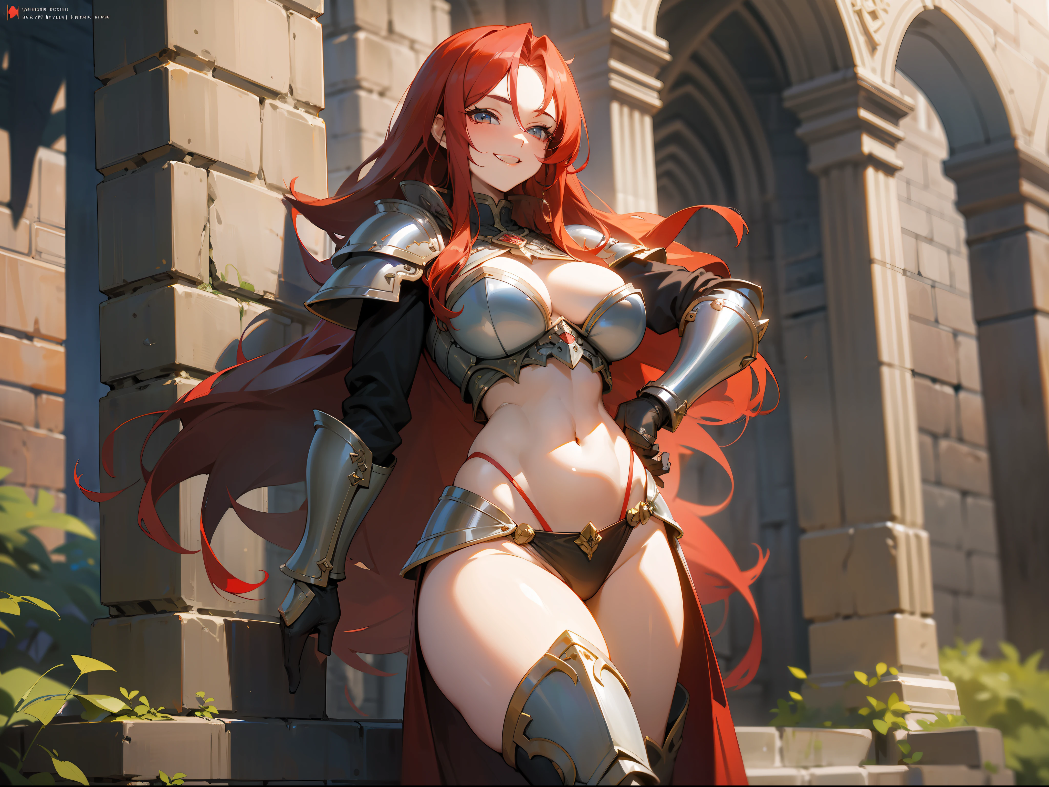 masterpiece, best quality, mature woman, strong, long red hair, light eyes, smile showing teeth, berserker, light leather armor, beautiful breasts, exposed thighs, exposed navel, boots, fantasy, medieval, outdoor, dungeon background, dynamic pose, beautiful detailed glow.