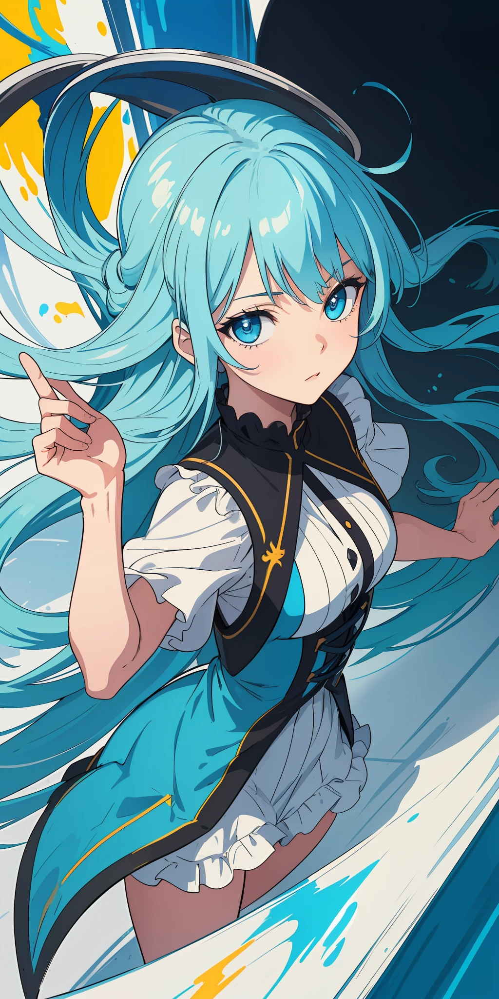 (masterpiece: 1.2, best quality), (beautiful finely detailed eyes: 1.2), (extremely detailed CG unit 8k wallpaper, masterpiece, best quality, ultra-detailed, best shadow), (detailed background), (beautiful detailed face, beautiful detailed eyes), High contrast, (best lighting, an extremely delicate and beautiful),1girl_aqua_konosuba,((splashes of colored paint on transparent background, dulux,)), dynamic angle, beautiful detailed brightness, Full body, cowboy shot, long blue hair, blue eyes.