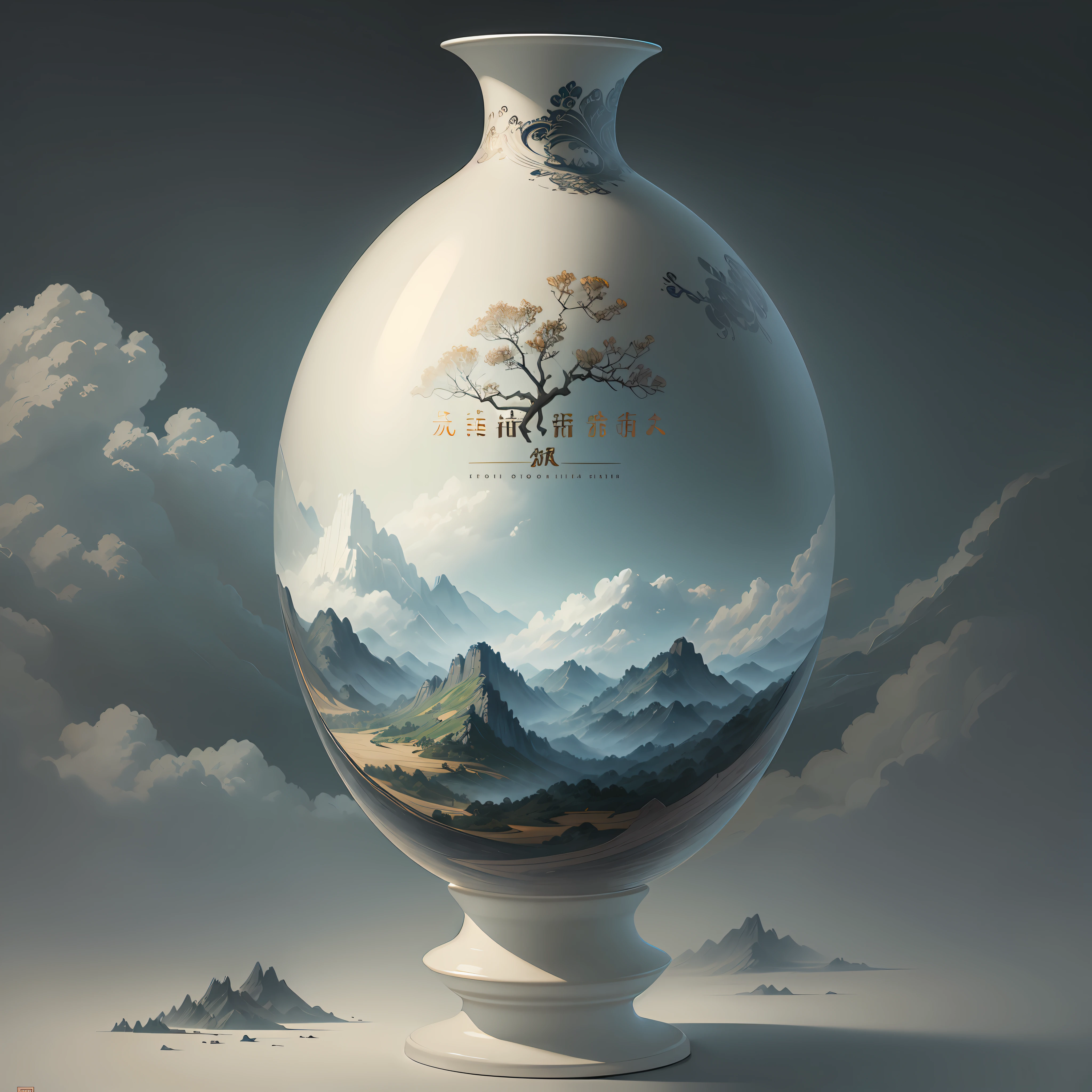 Liling porcelain, vase, ethereal, cloudy, landscape, typography, poster, exquisite, master works, masterpieces