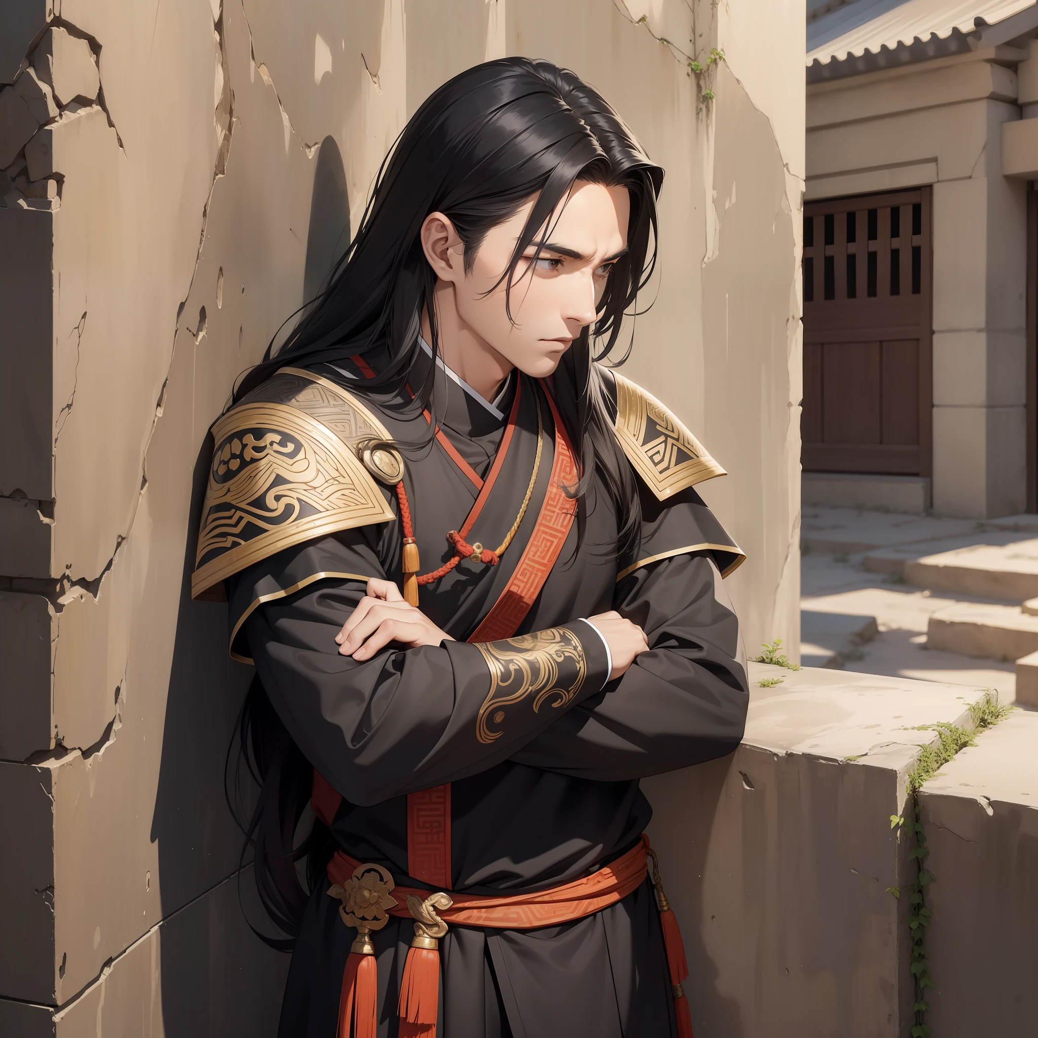 Absurd resolution, high resolution, (masterpiece: 1.4), hyper-detail, ancient Chinese, black long-haired young man standing by the wall holding his hands against the wall (1.3), roaring (1.2), sadness (1.2), warrior in ancient Chinese armor, standing on the ancient city wall (1.3), dusk, fire (leaning against the wall action 1.5) (desert environment 1.5) (handsome man 1.5)