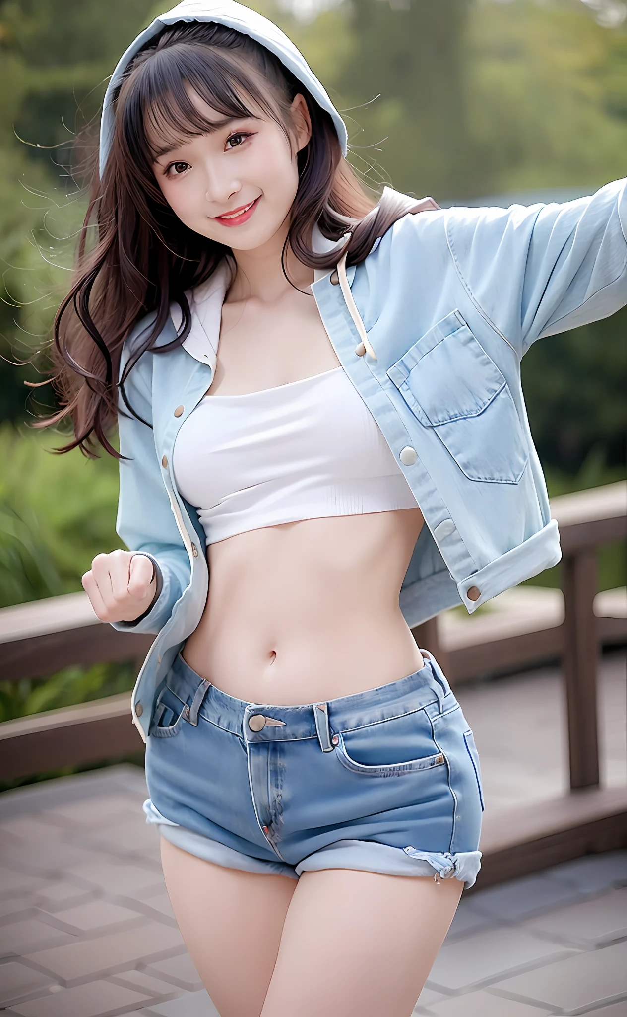 Realism, 8k, 1girl, long wavy curls, pale skin (Chinese beauty), (smiling) young beauty, thick eyebrows, ((d cups)), hoodie ((good figure)), (big breasts) (skinny) denim shorts (light denim shorts), small waist, wide thighs, standing one thigh up, wide thigh gap, legs apart