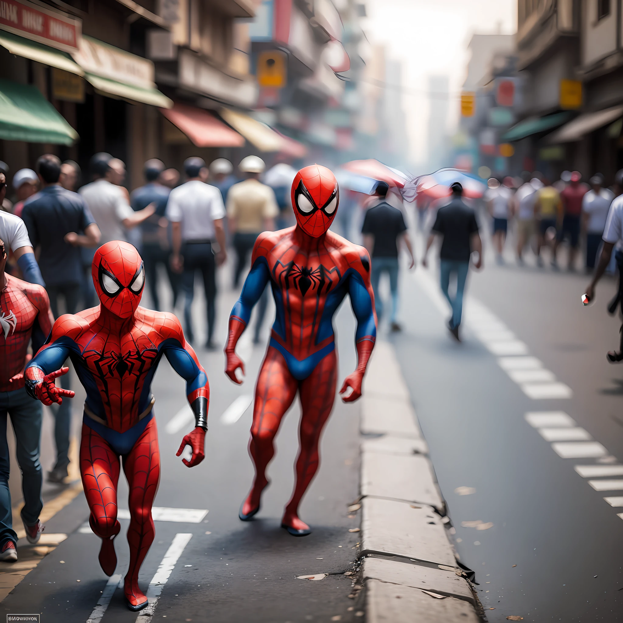 Spiderman, walking,in Indian streets,blur Nikon camera image, High revolution,top quality, masterpiece, crowd,he look at the camera --auto --s2