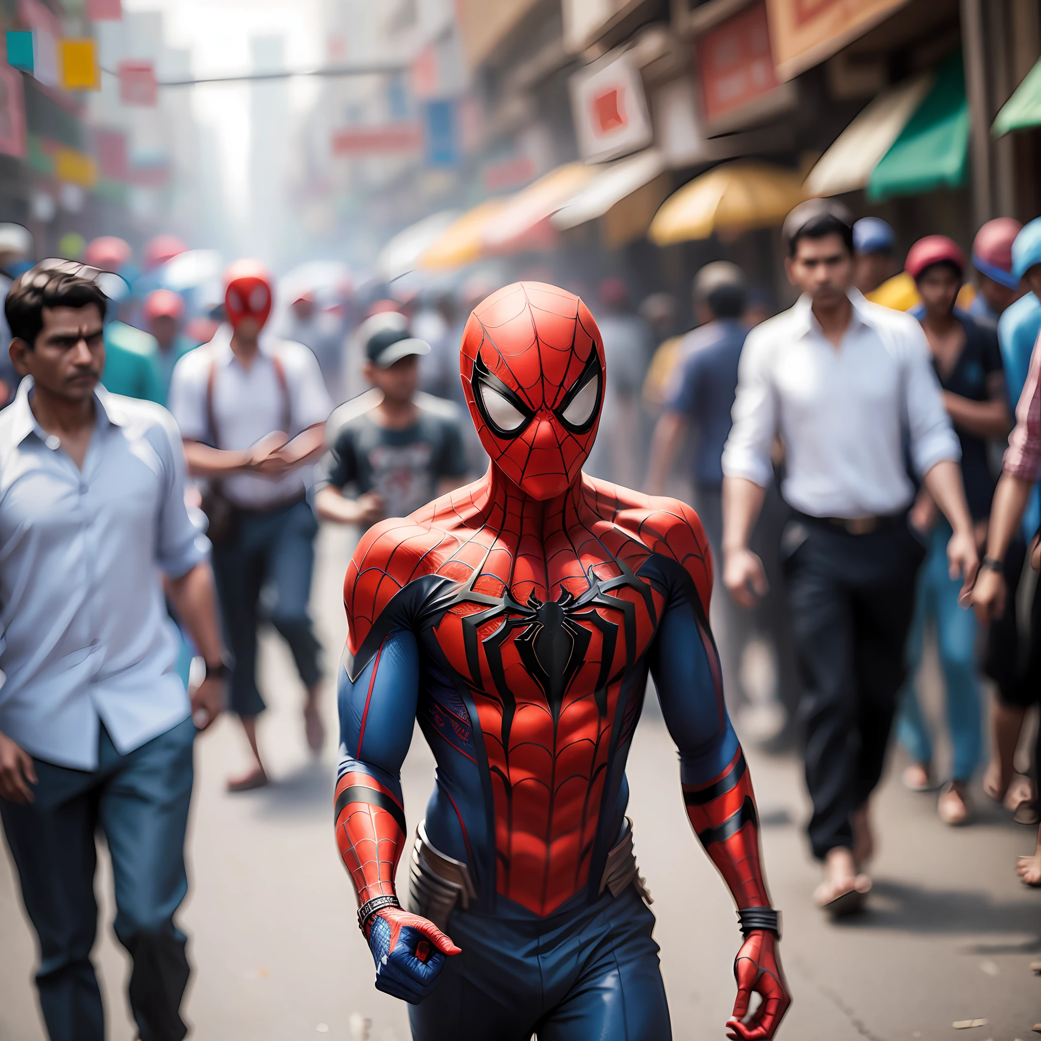 Spiderman, walking,in Indian streets,blur Nikon camera image, High revolution,top quality, masterpiece, crowd,he look at the camera --auto --s2