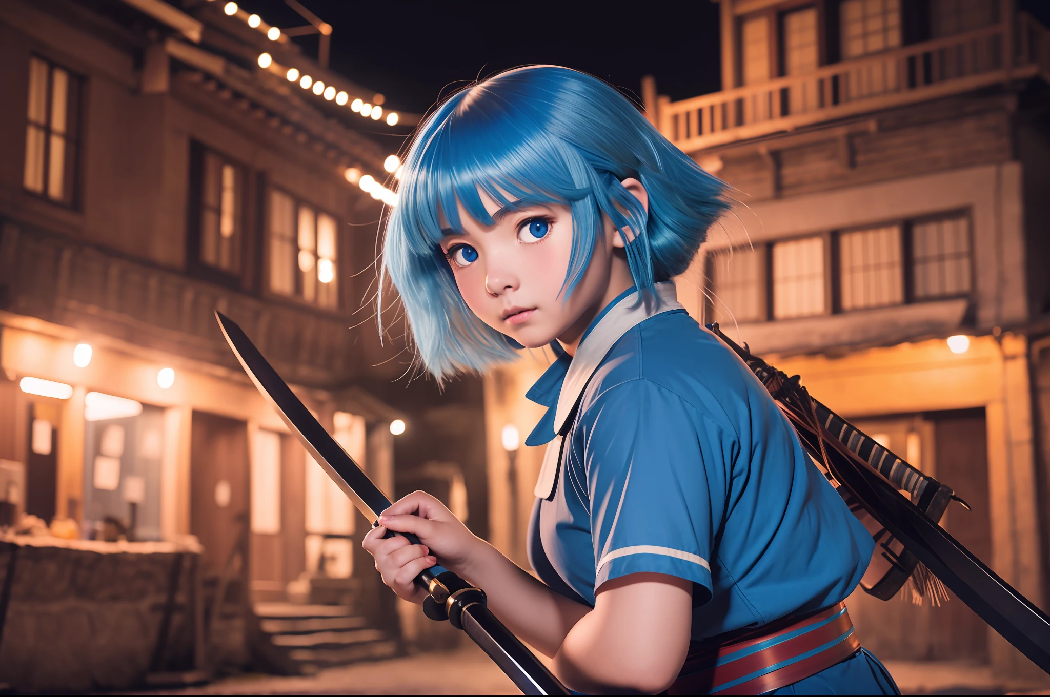 Medium blue-haired girl in village lit up at night fighting with scared katana