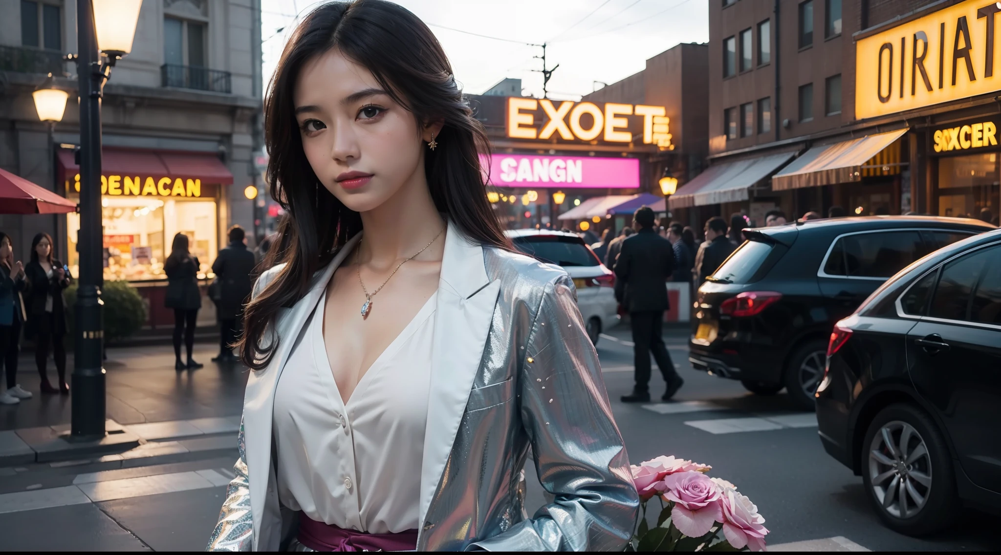 1 girl, solo, looking at the audience, sexy suit shirt, street arcade, flowers, (realistic:1.4), official art, Unity 8k wallpaper, super detailed, beautiful and beautiful, masterpiece, best quality, (dynamic angle: 1.4), glowing skin, (floating colorful glitter: 1) the most beautiful form, elegant, brutalist design, bright colors, romanticism, depth of field exotic_dance