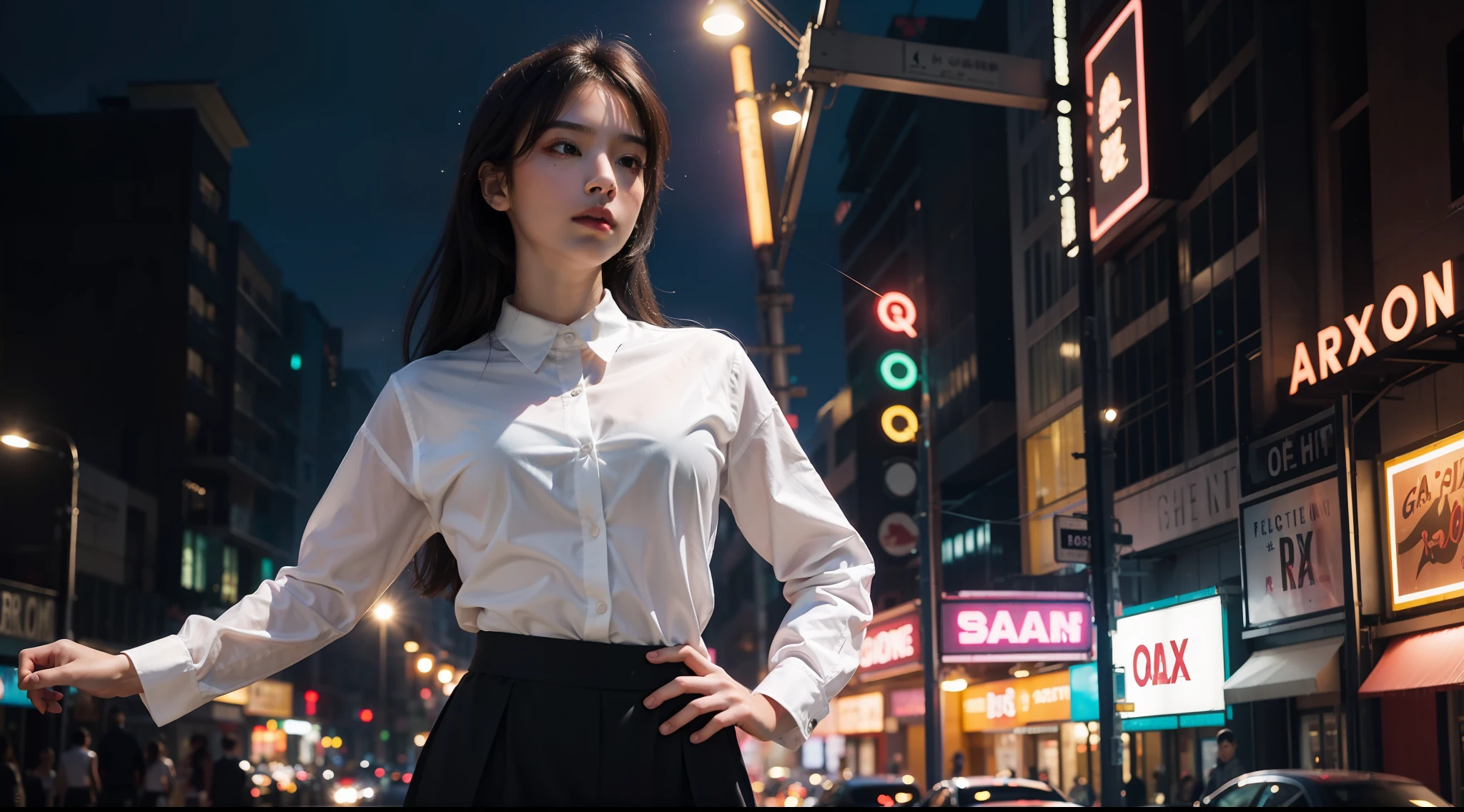 1 girl, solo, looking at the audience, sexy suit shirt, street arcade, flowers, (realistic:1.4), official art, Unity 8k wallpaper, super detailed, beautiful and beautiful, masterpiece, best quality, (dynamic angle: 1.4), glowing skin, (floating colorful glitter: 1) the most beautiful form, elegant, brutalist design, bright colors, romanticism, depth of field exotic_dance