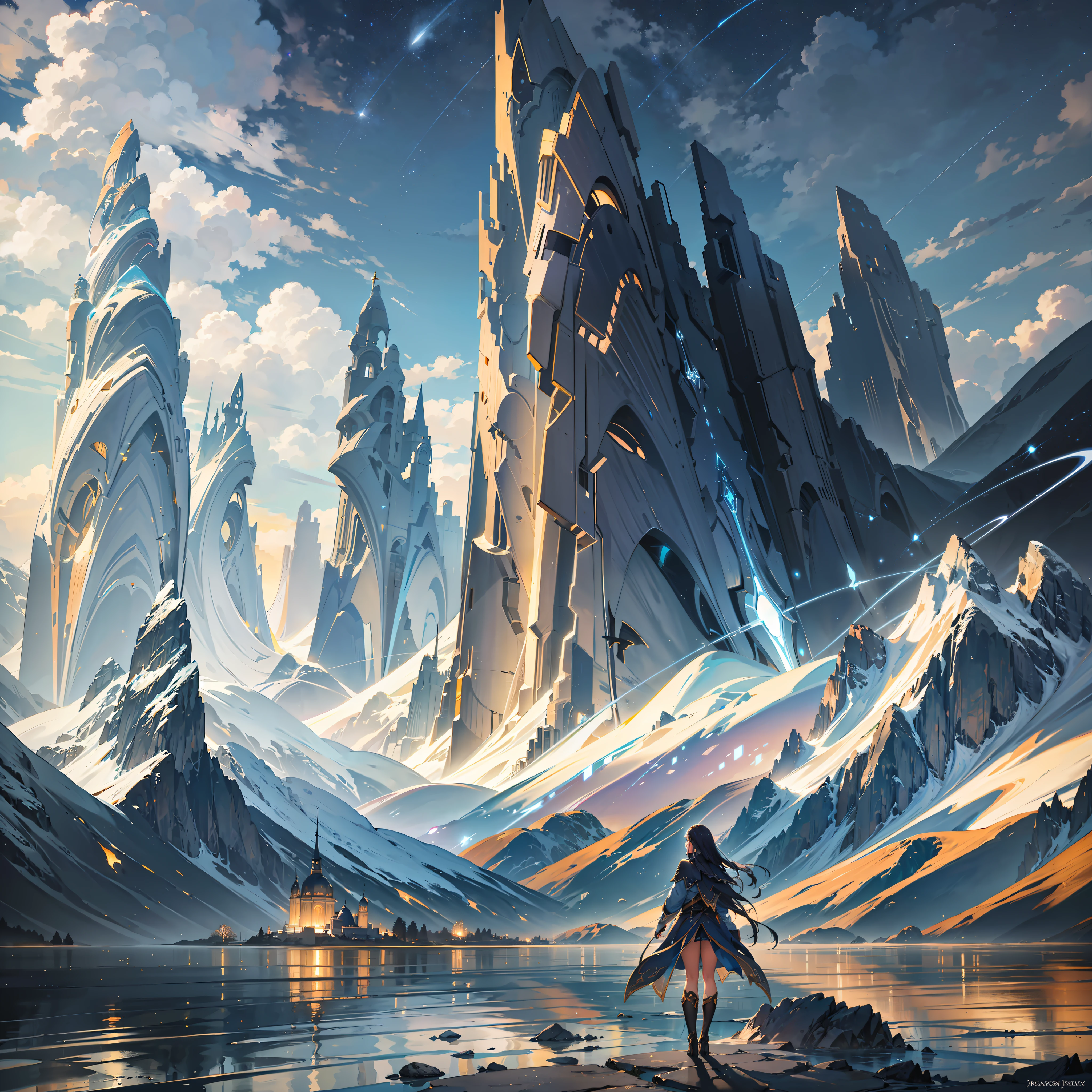 Starry Sky with Mountains and Lake, Jessica Rossier, Inspired by Jessica Rossier, Jessica Rossier Fantasy Art, Concept Art Magic Highlights, Official Artwork, Dream Painting, Ethereal Realm, Atmospheric artwork, dreamy matte paintings, serene endless stars inspired by Ted Nasmith, moonlit starry environments, epic music album covers. --auto --s2